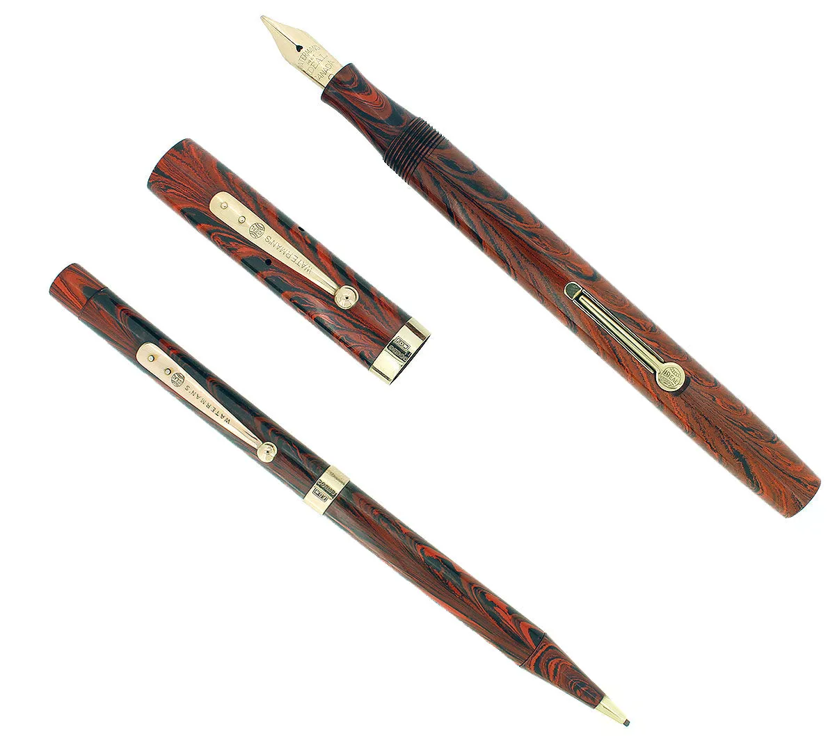 1920S WATERMAN RED RIPPLE 52 FOUNTAIN PEN AND PENCIL SET 9CT GOLD BANDS RESTORED
