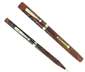 1920S WATERMAN RED RIPPLE 52 FOUNTAIN PEN AND PENCIL SET 9CT GOLD BANDS RESTORED