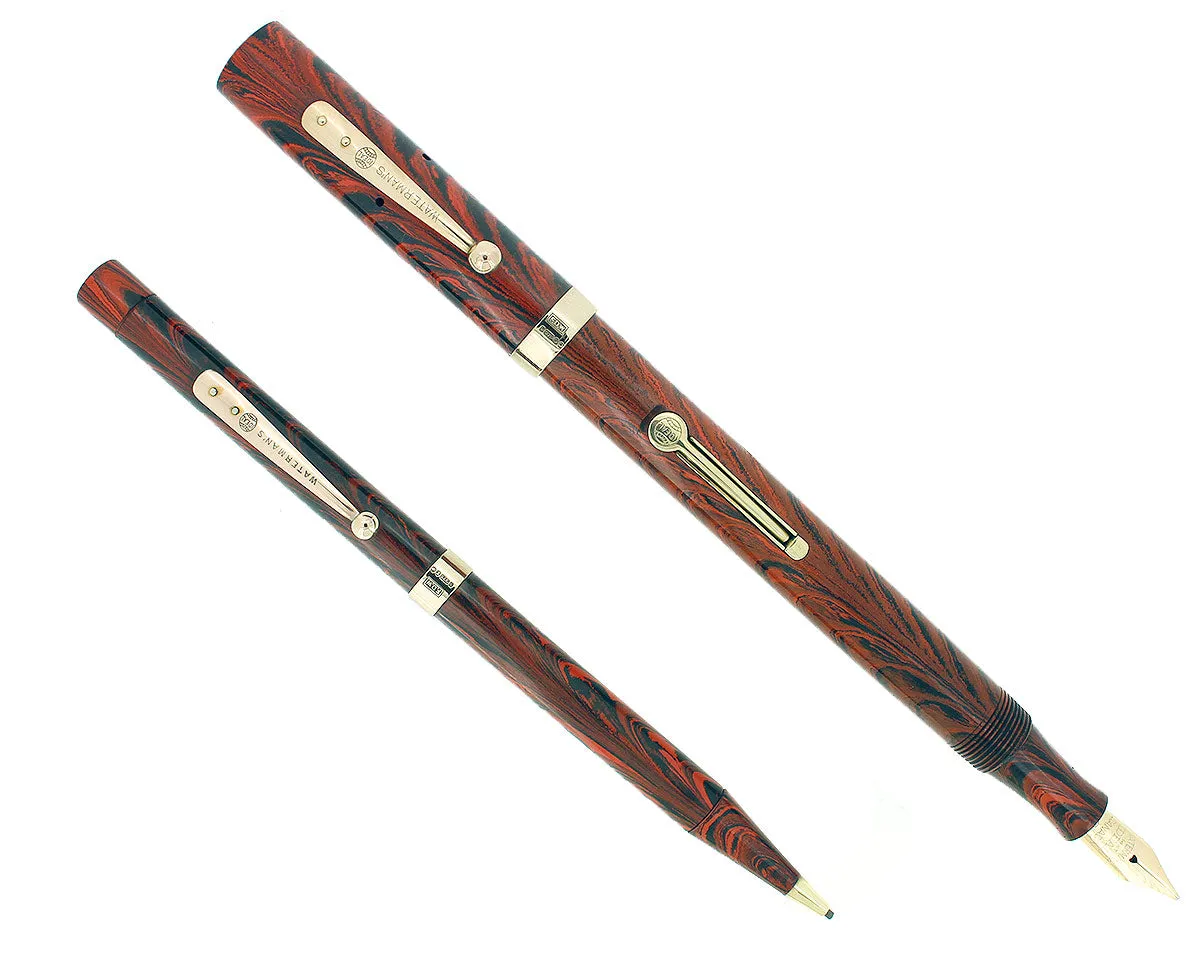 1920S WATERMAN RED RIPPLE 52 FOUNTAIN PEN AND PENCIL SET 9CT GOLD BANDS RESTORED