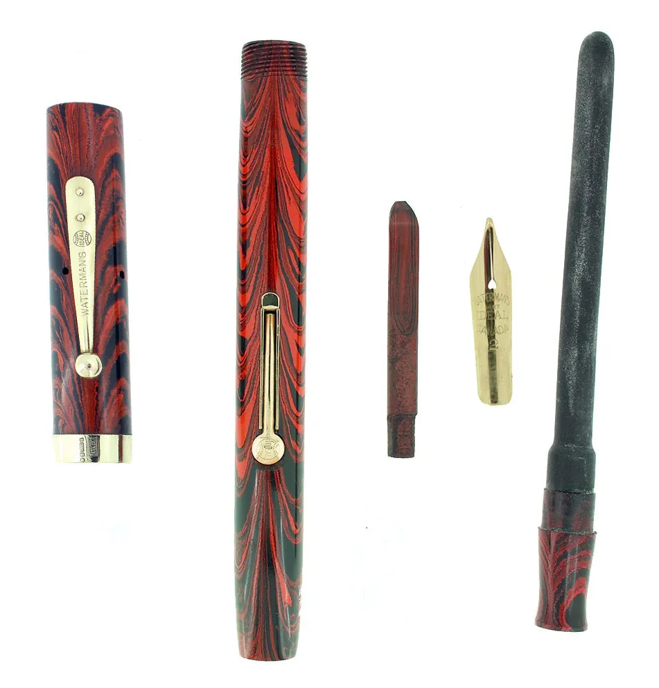 1920S WATERMAN RED RIPPLE 52 FOUNTAIN PEN AND PENCIL SET 9CT GOLD BANDS RESTORED