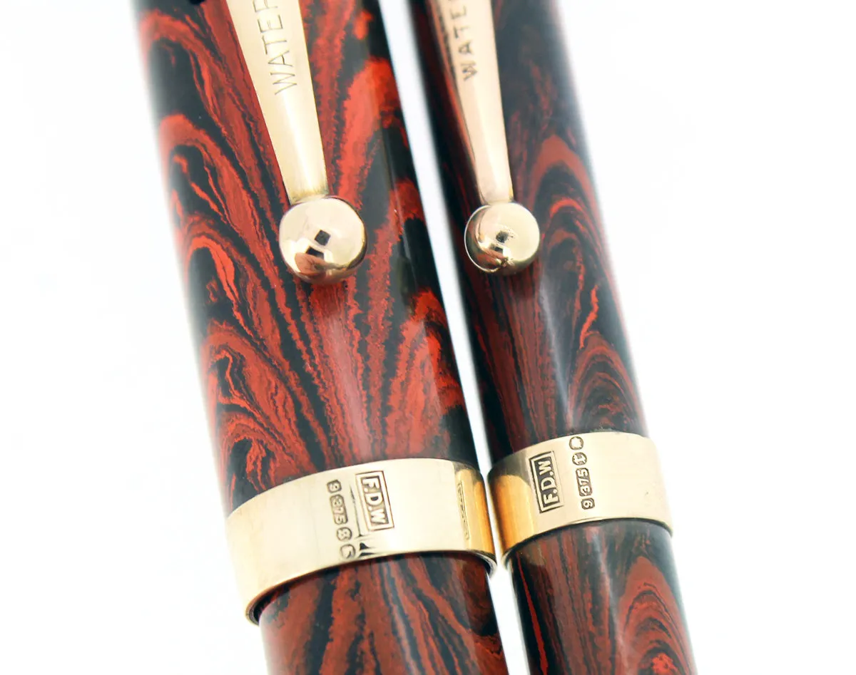 1920S WATERMAN RED RIPPLE 52 FOUNTAIN PEN AND PENCIL SET 9CT GOLD BANDS RESTORED