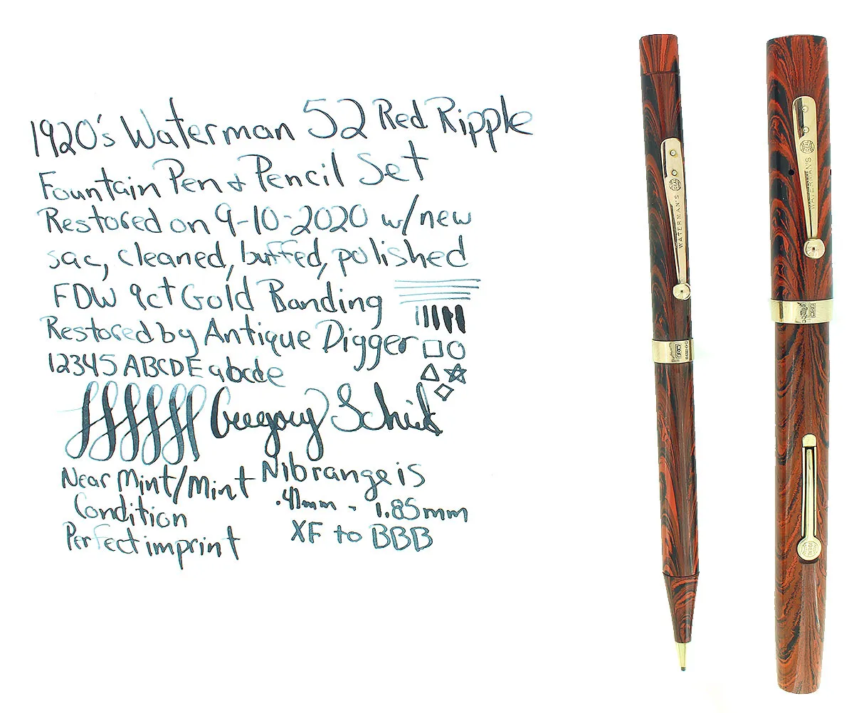 1920S WATERMAN RED RIPPLE 52 FOUNTAIN PEN AND PENCIL SET 9CT GOLD BANDS RESTORED