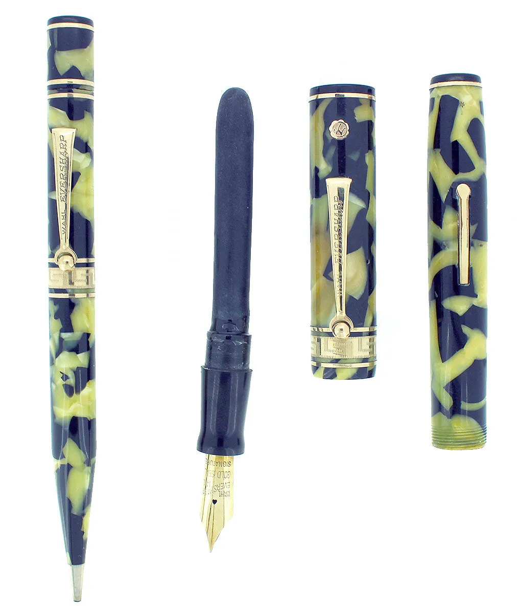 1930s WAHL EVERSHARP GOLD SEAL OVERSIZE DECO BAND FOUNTAIN PEN & PENCIL SET RESTORED