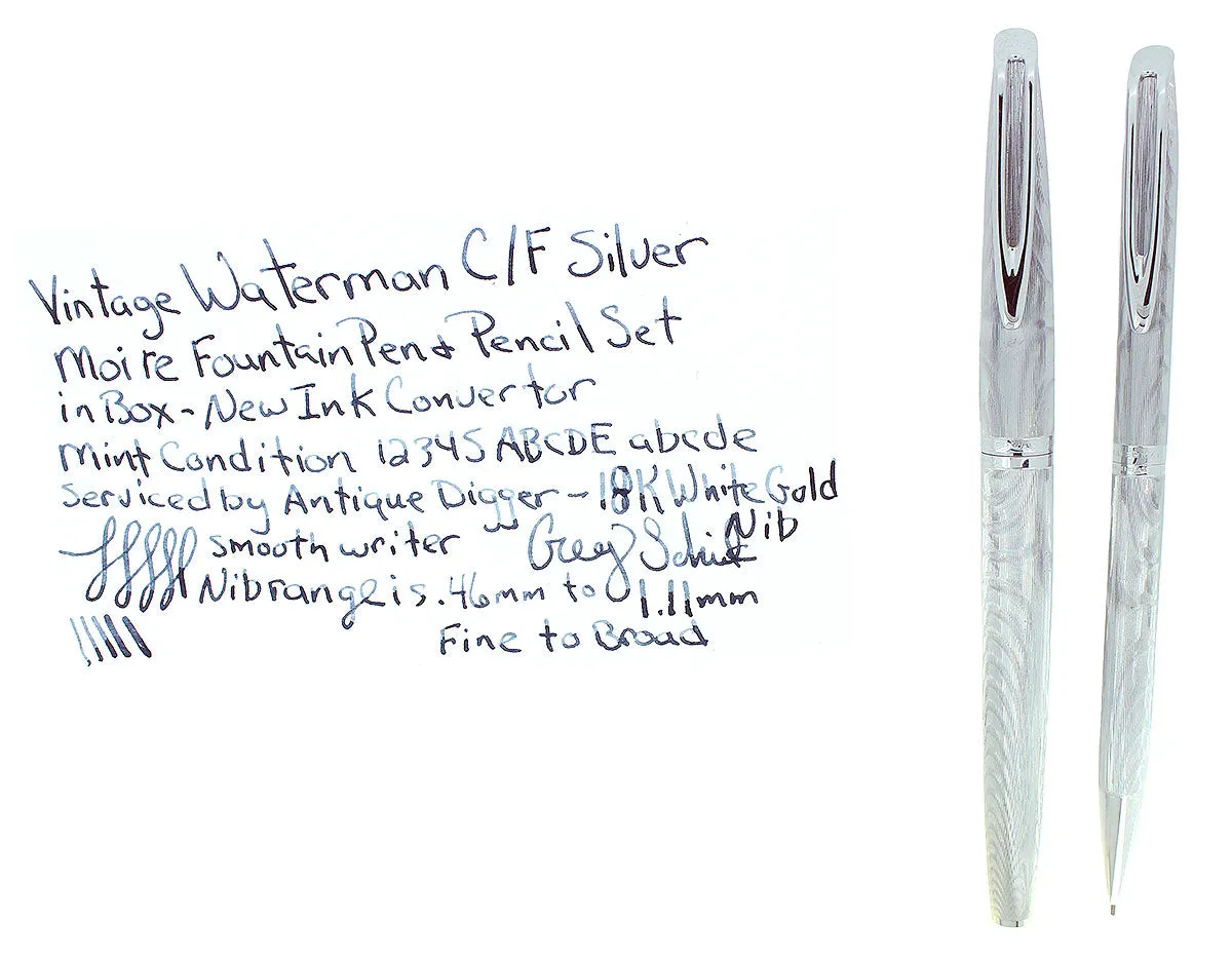 1950S-1960s WATERMAN C/F SILVER MOIRE FOUNTAIN PEN 18K NIB & PENCIL SET NR MINT