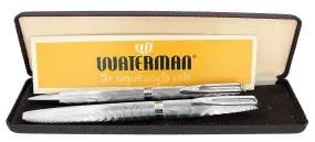 1950S-1960s WATERMAN C/F SILVER MOIRE FOUNTAIN PEN 18K NIB & PENCIL SET NR MINT
