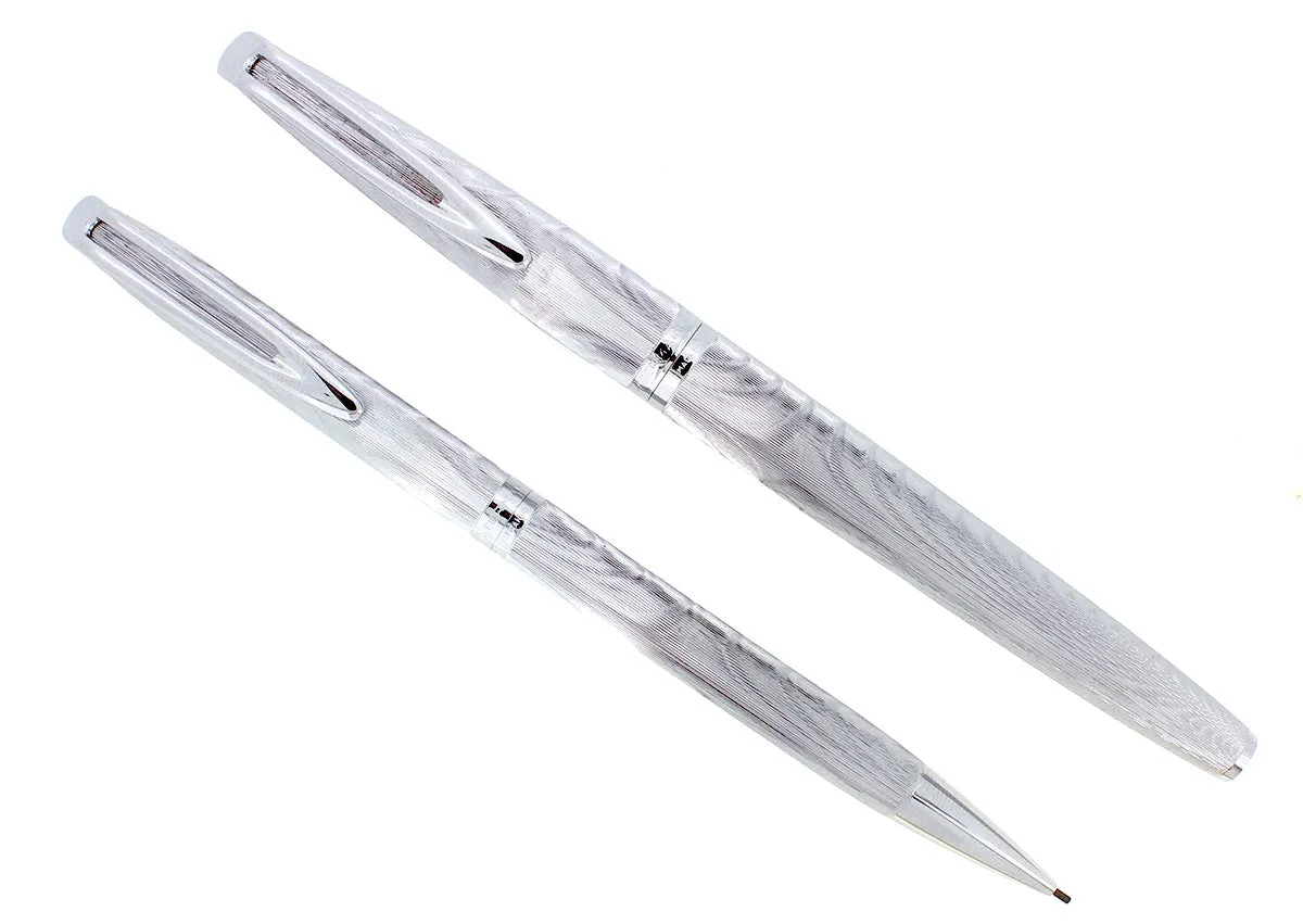 1950S-1960s WATERMAN C/F SILVER MOIRE FOUNTAIN PEN 18K NIB & PENCIL SET NR MINT