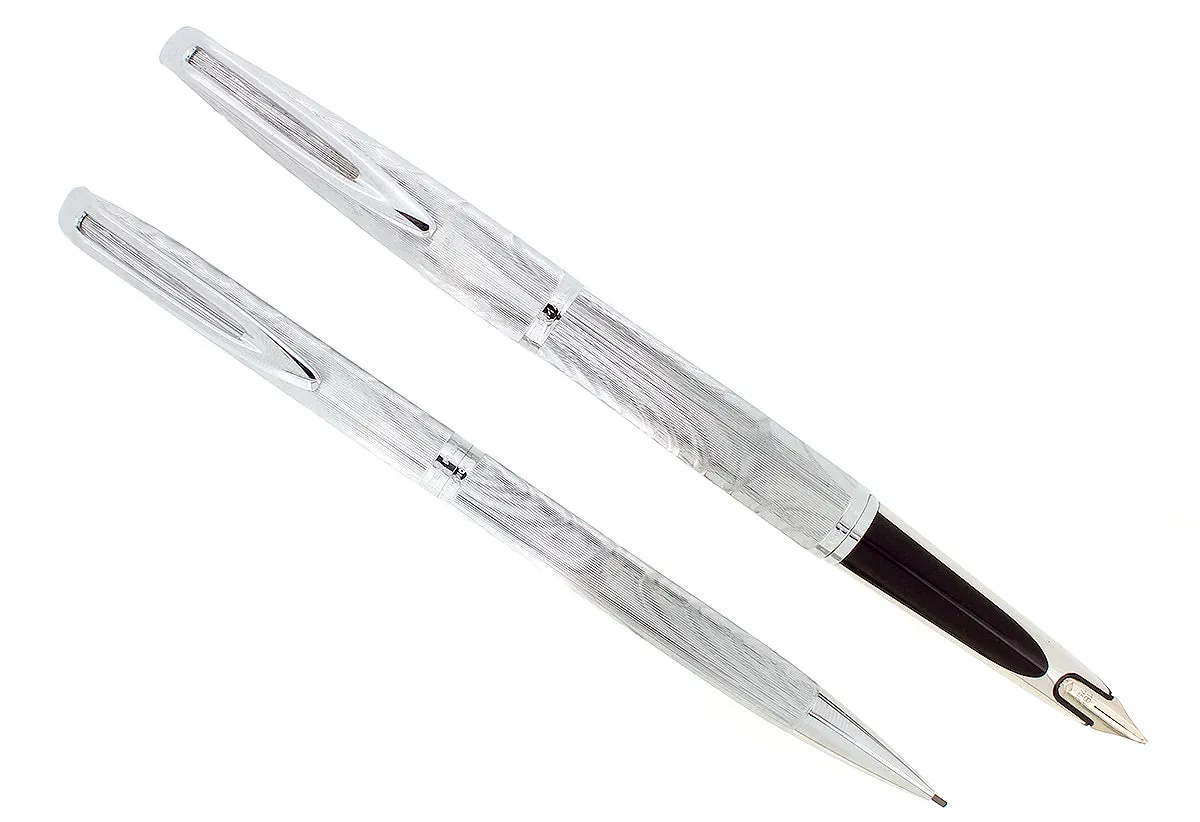 1950S-1960s WATERMAN C/F SILVER MOIRE FOUNTAIN PEN 18K NIB & PENCIL SET NR MINT