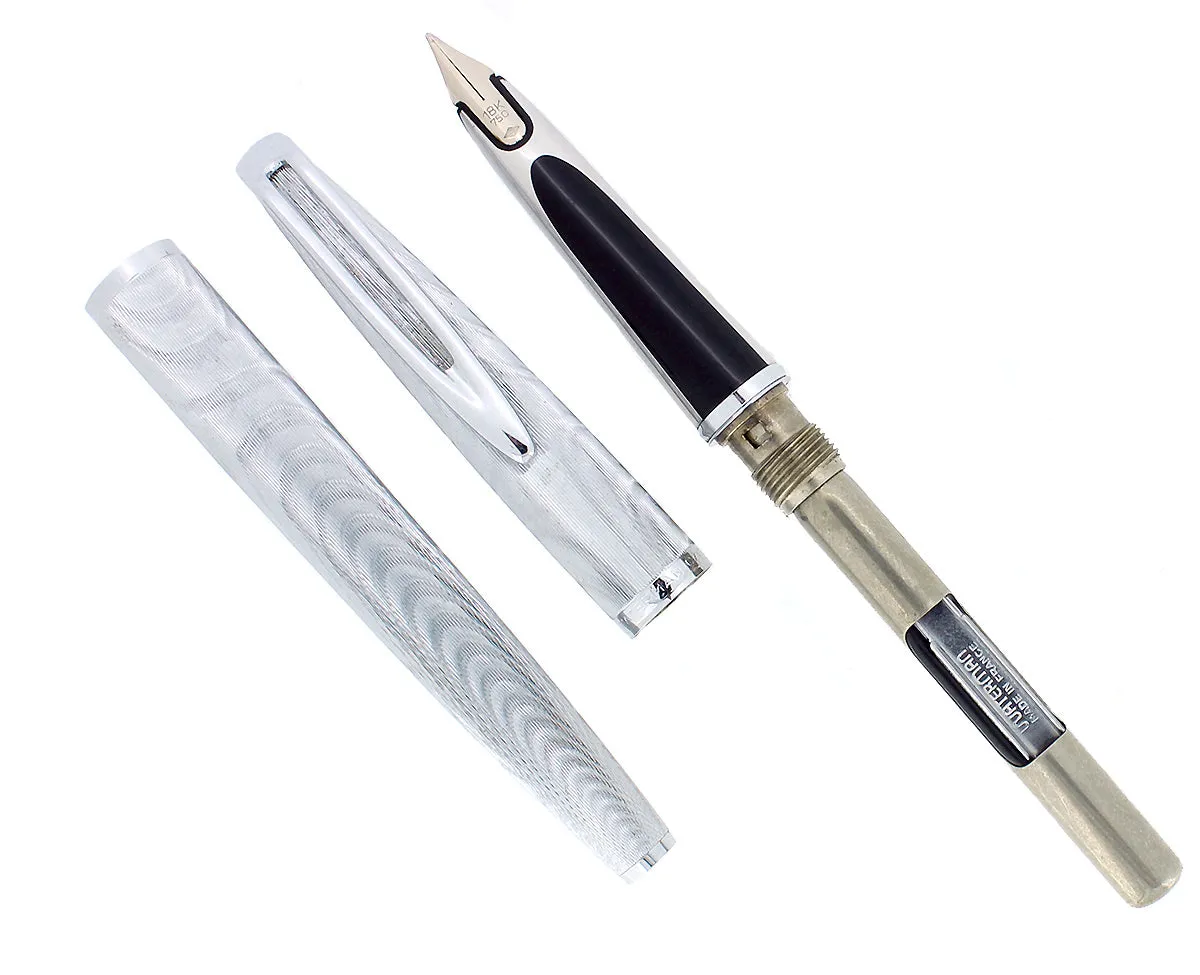 1950S-1960s WATERMAN C/F SILVER MOIRE FOUNTAIN PEN 18K NIB & PENCIL SET NR MINT
