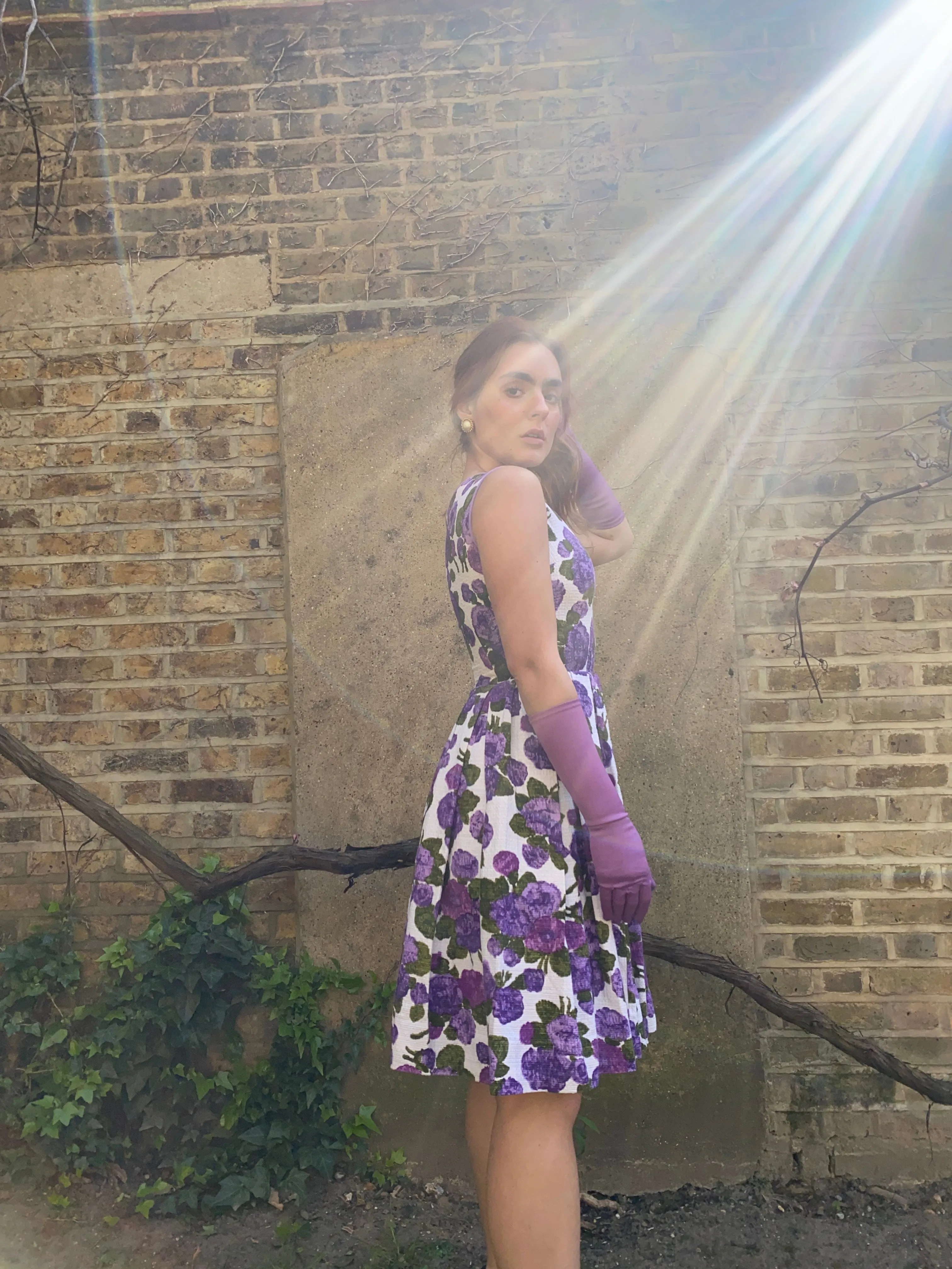 1960s Waffle Cotton Purple Floral Print Dress