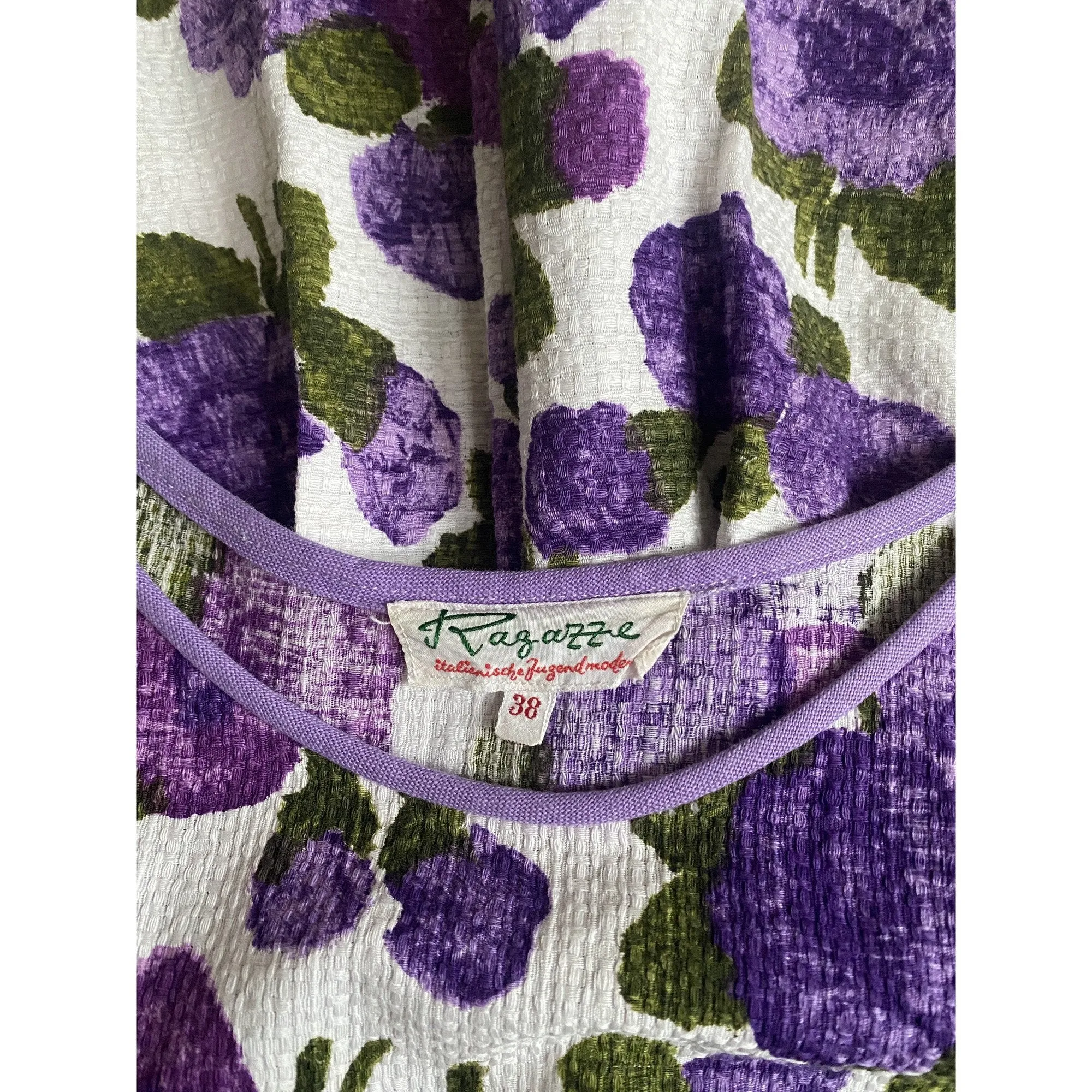 1960s Waffle Cotton Purple Floral Print Dress