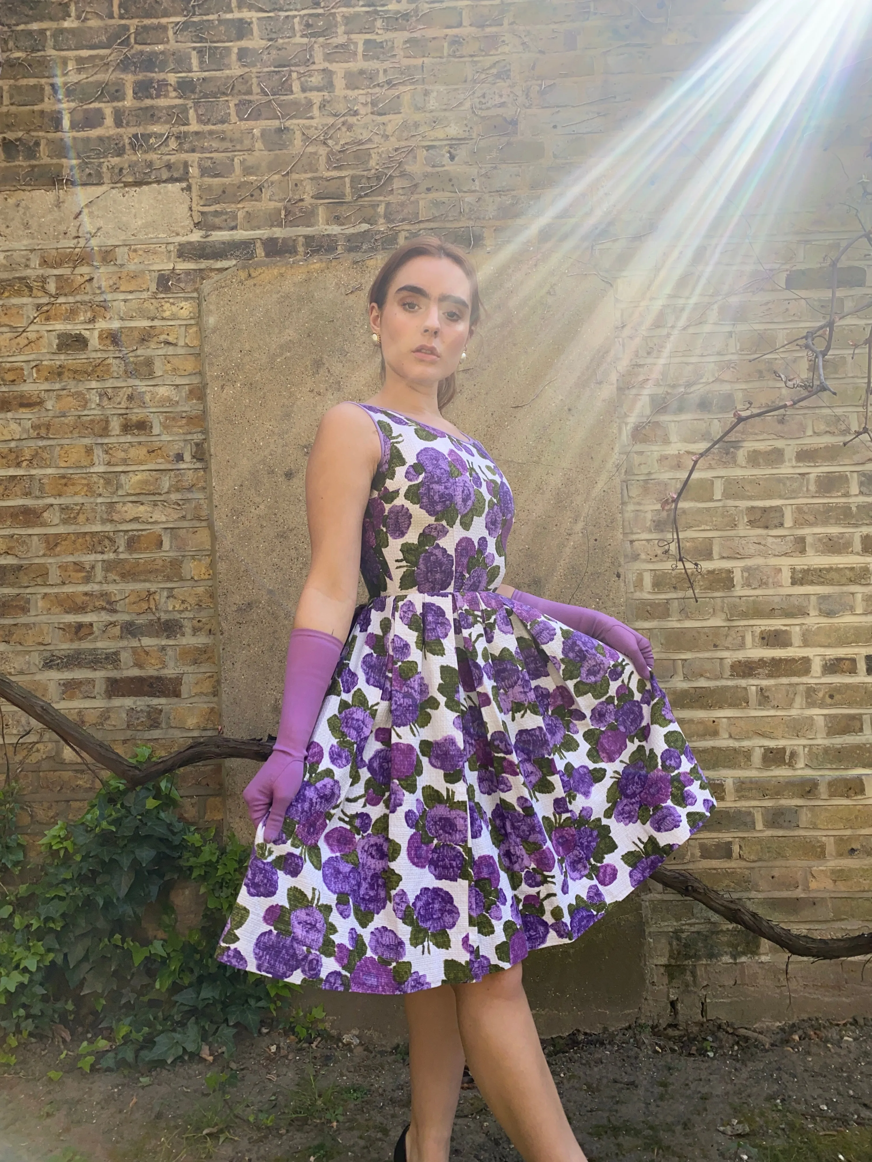 1960s Waffle Cotton Purple Floral Print Dress