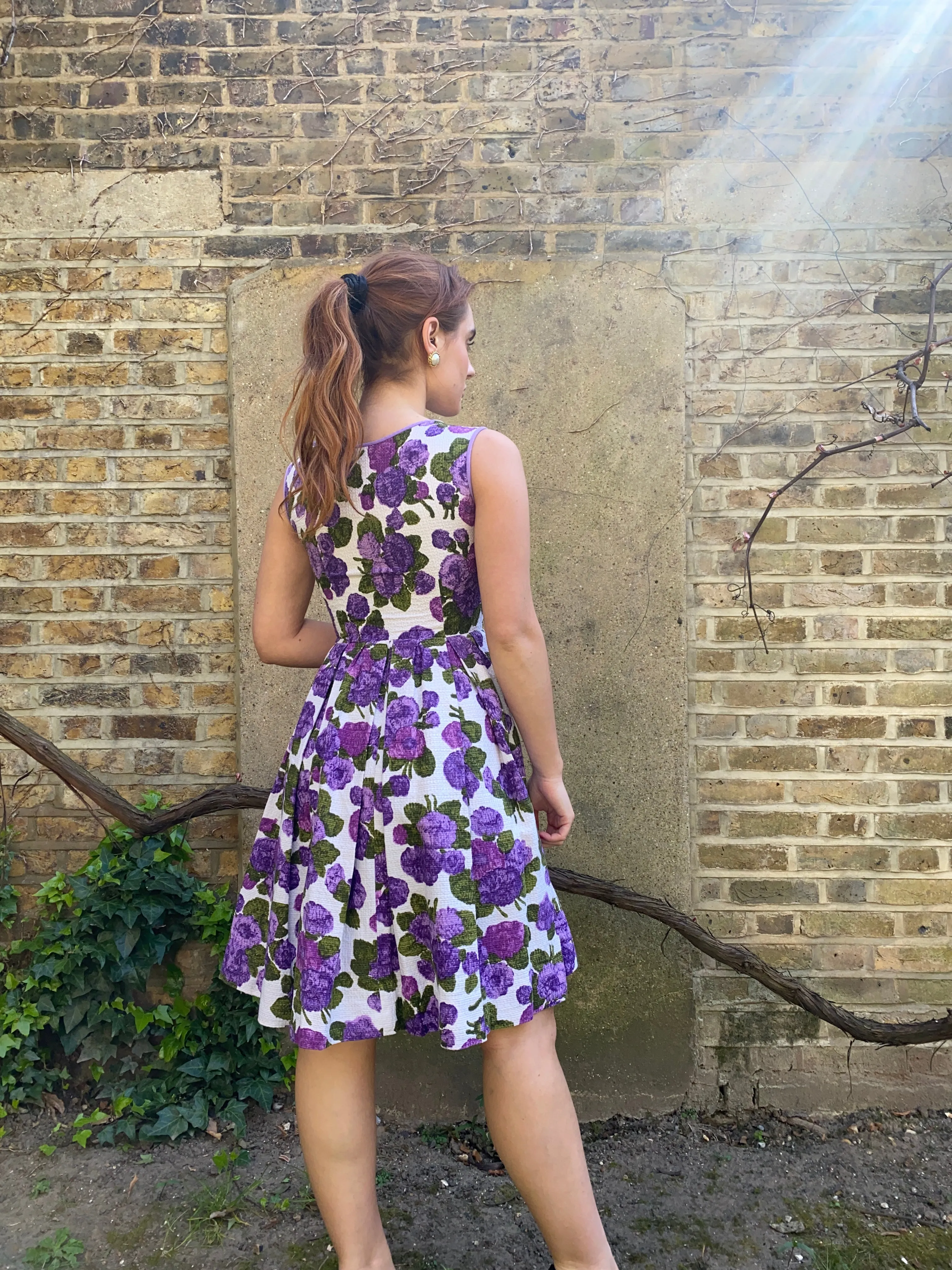 1960s Waffle Cotton Purple Floral Print Dress