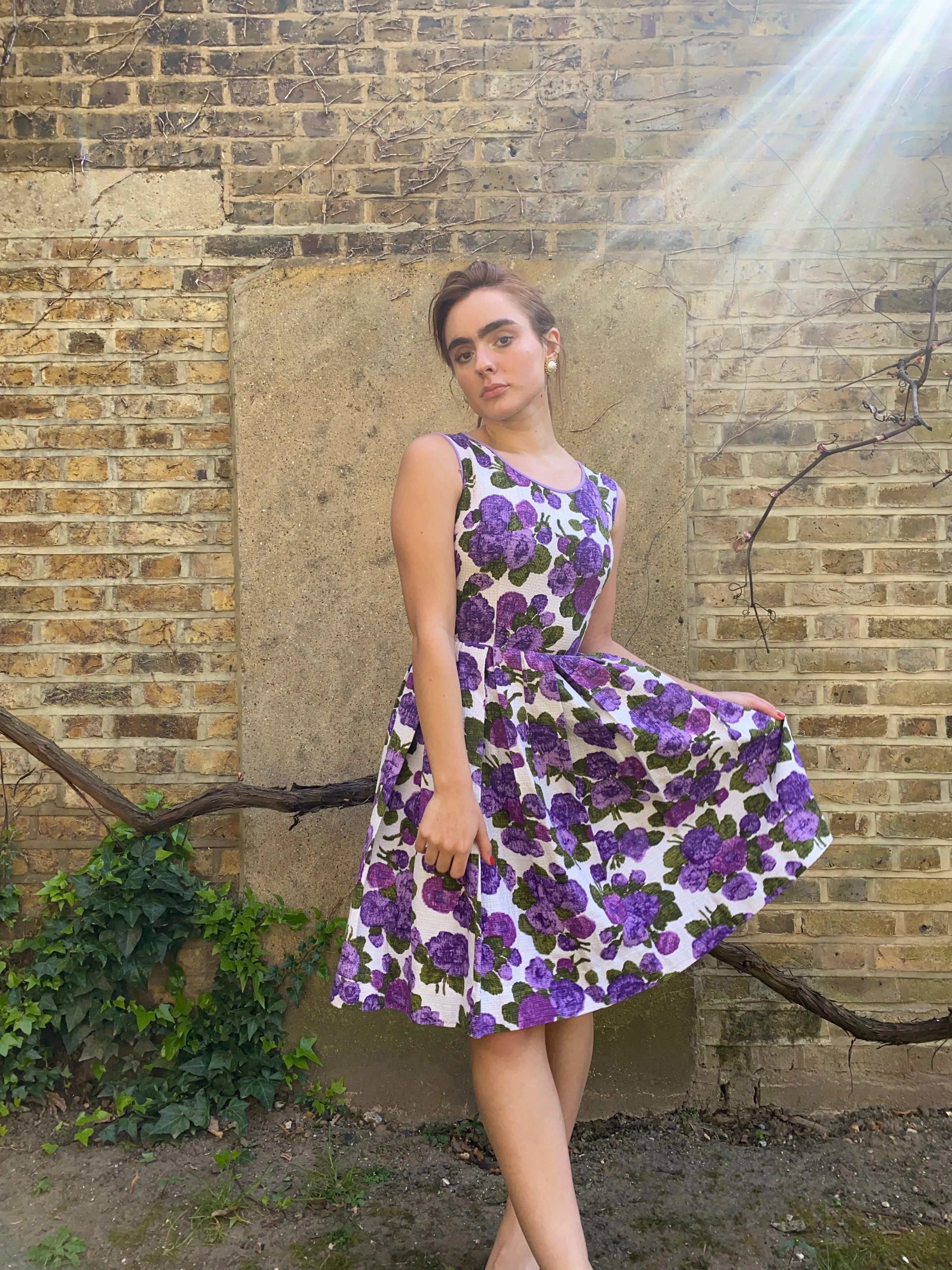 1960s Waffle Cotton Purple Floral Print Dress