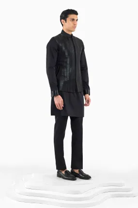 BLACK CORRUGATED NEHRU JACKET