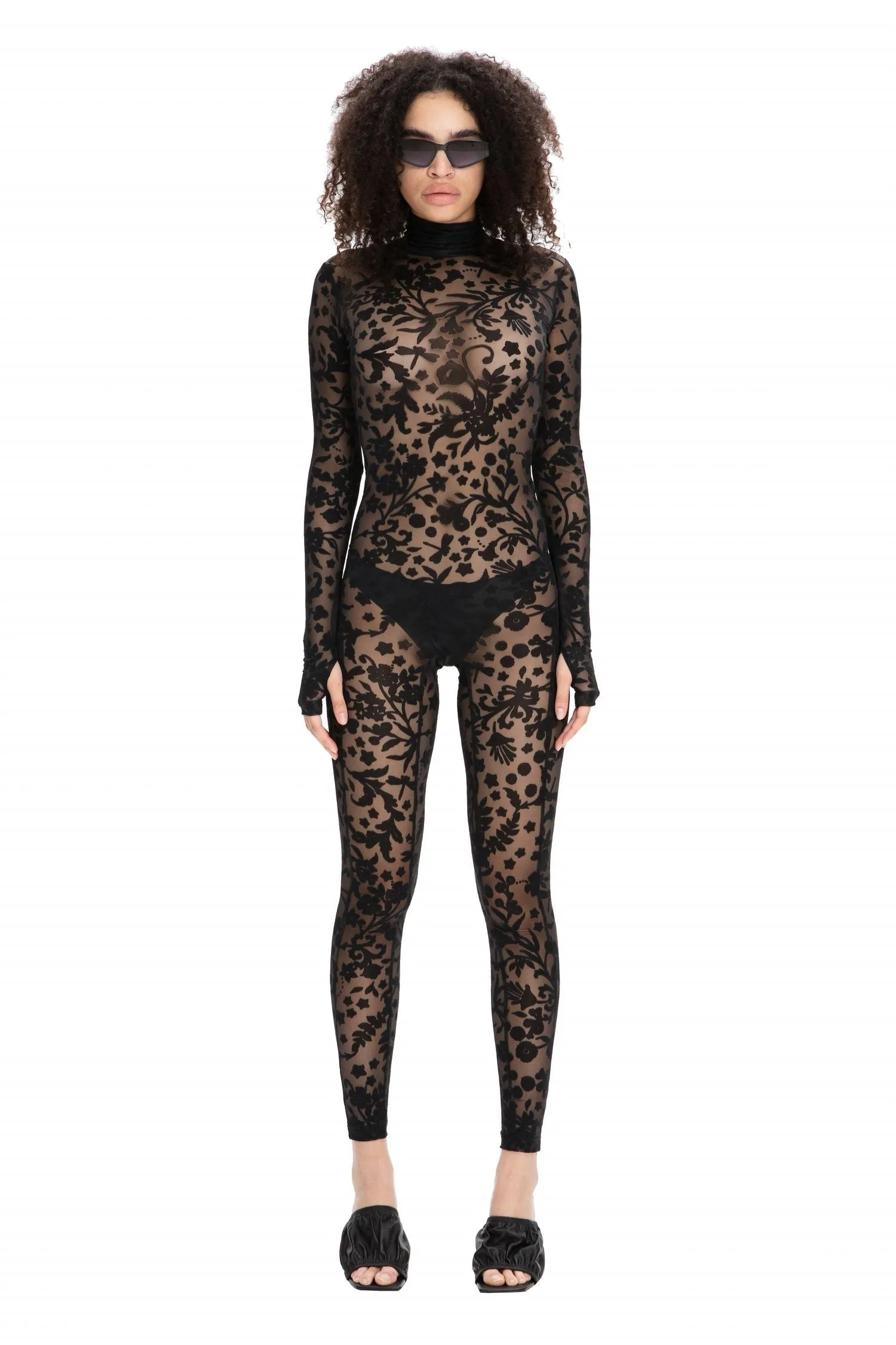 Black Floral Lace Sheer Long Sleeve Turtleneck Full Bodysuit
