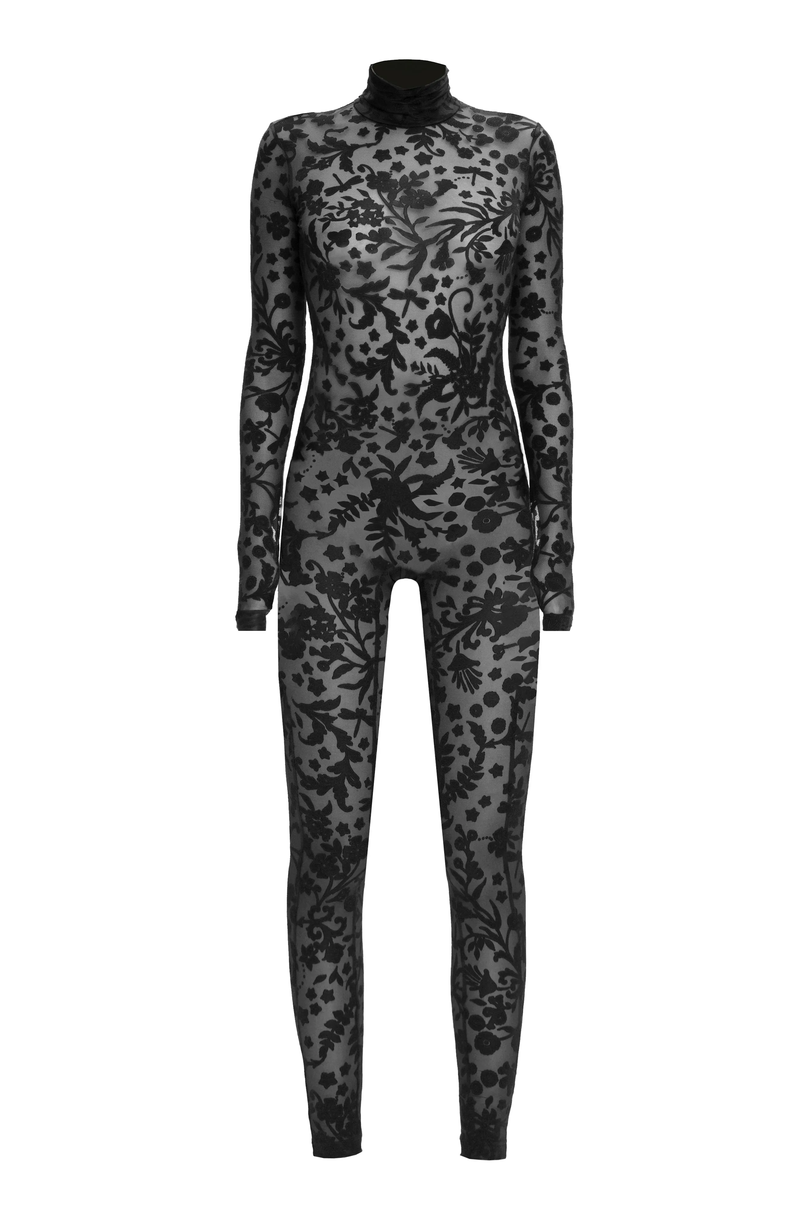 Black Floral Lace Sheer Long Sleeve Turtleneck Full Bodysuit