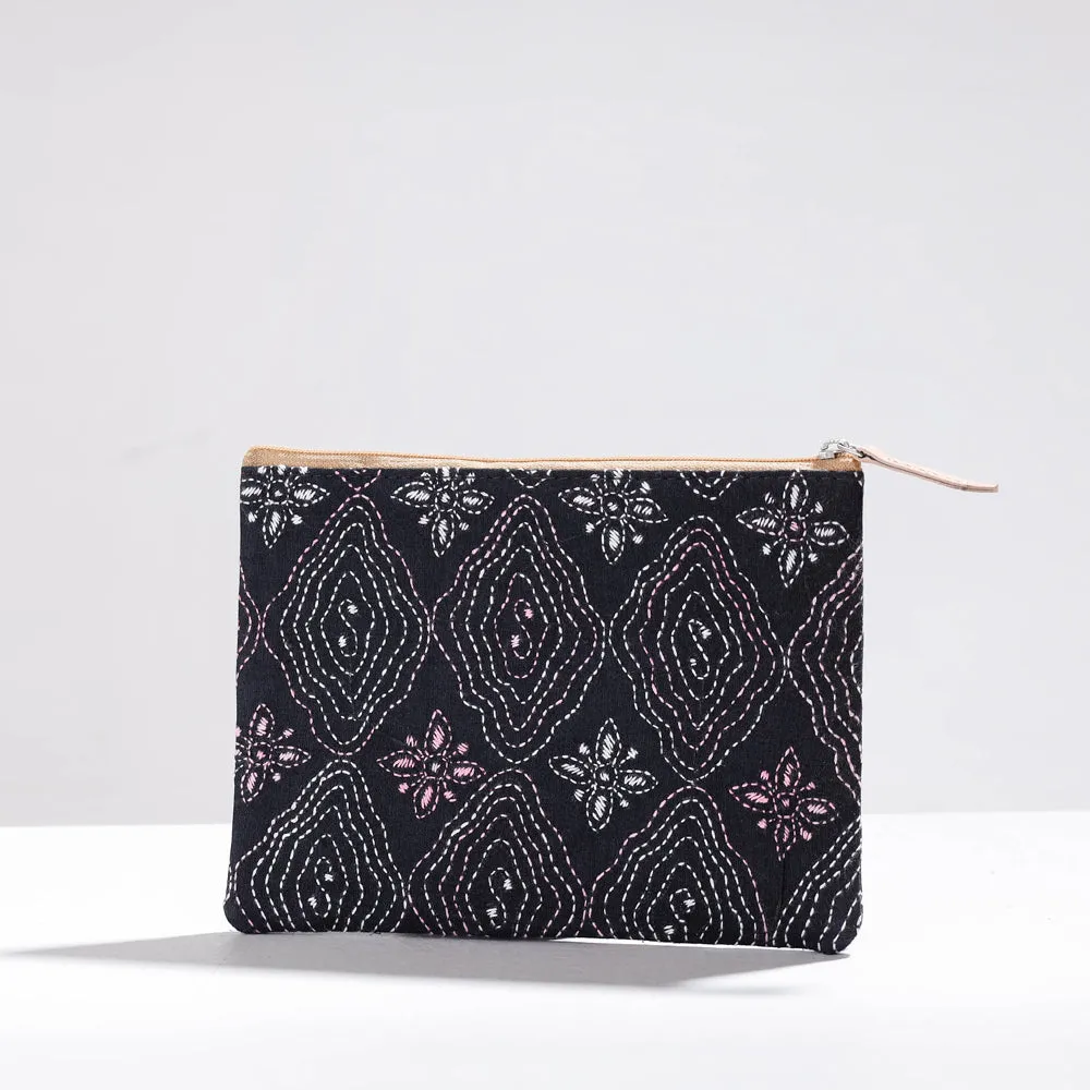 Black - Handcrafted Kantha Embroidery Multipurpose Pouch