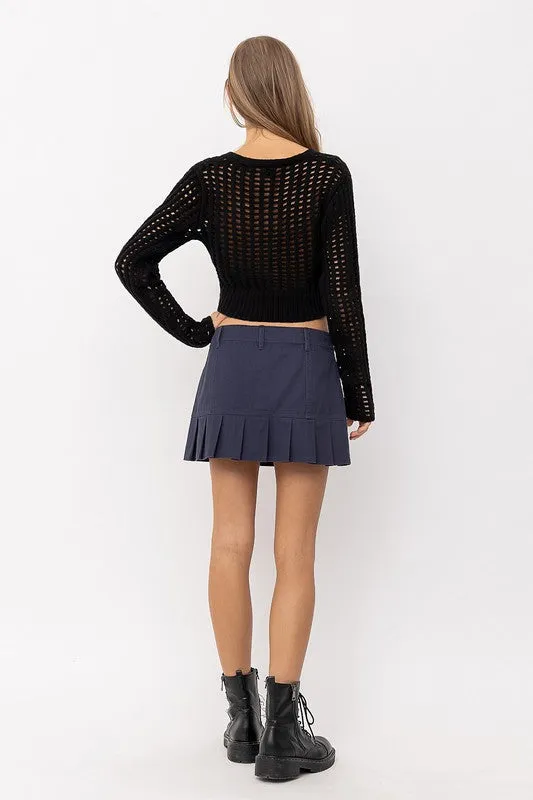 Black Knitted Front Twist Open Stitch Sweater