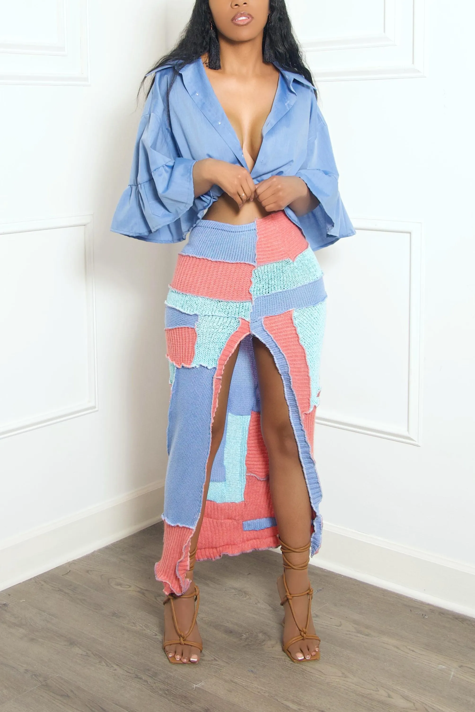 Blue Coral Mix Split Upcycled Sweater Skirt