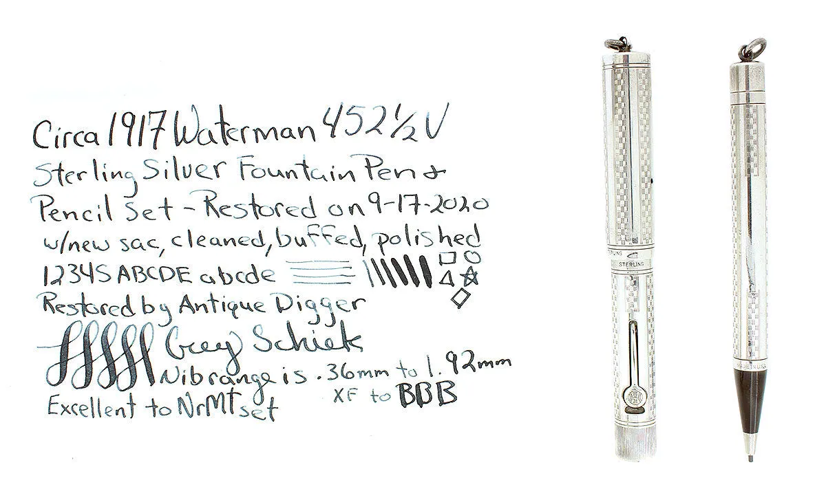 C1917 WATERMAN STERLING GOTHIC 452 1/2V XF-BBB NIB FOUNTAIN PEN & PENCIL SET