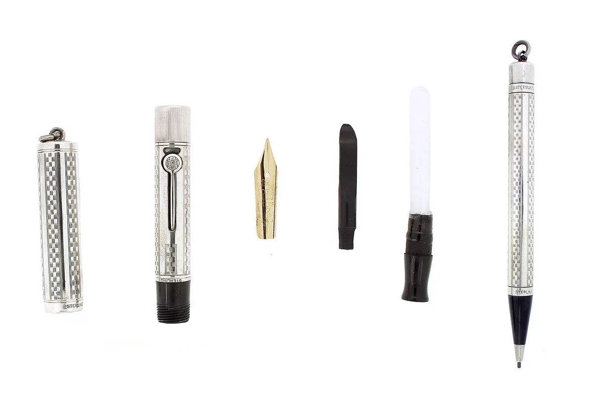 C1917 WATERMAN STERLING GOTHIC 452 1/2V XF-BBB NIB FOUNTAIN PEN & PENCIL SET