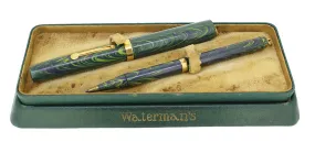 C1928 WATERMAN BLUE RIPPLE 52V FOUNTAIN PEN AND PENCIL SET XF - BBB NIB RESTORED