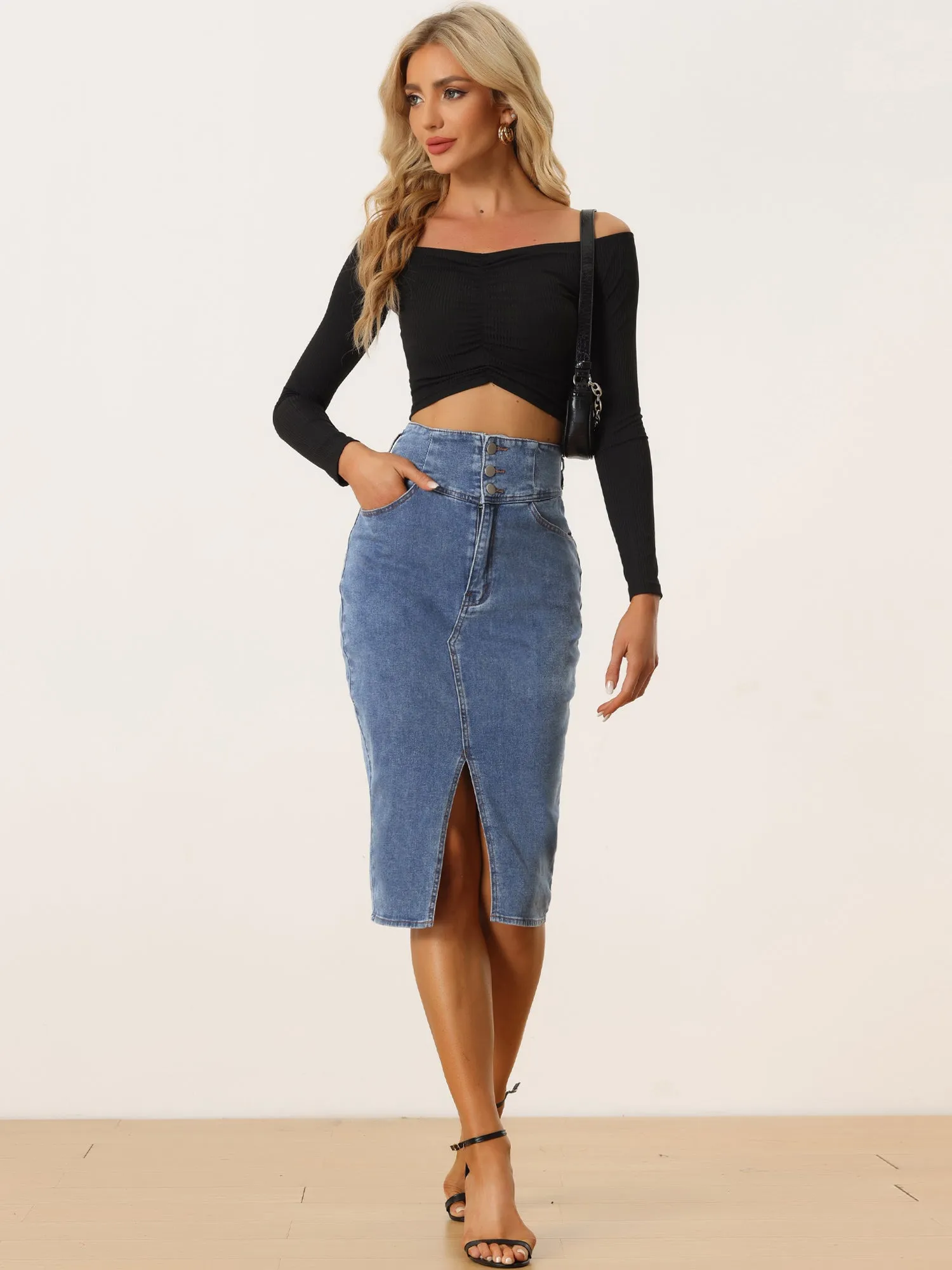 Casual Denim High Waist Split Hem Pencil Jean Midi Skirt