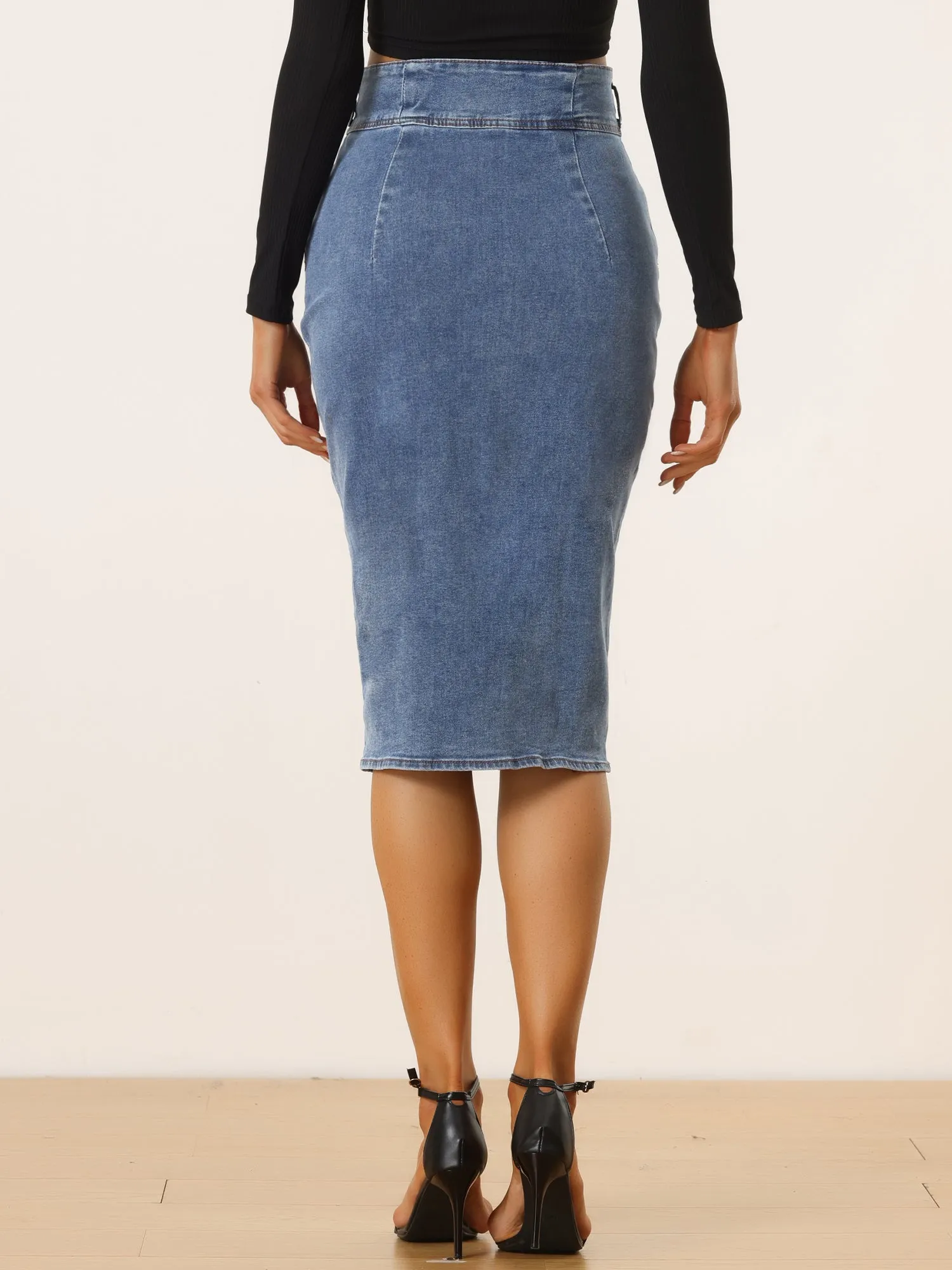 Casual Denim High Waist Split Hem Pencil Jean Midi Skirt