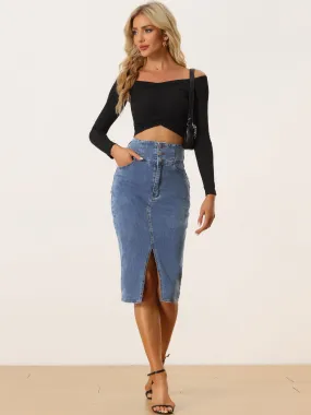 Casual Denim High Waist Split Hem Pencil Jean Midi Skirt