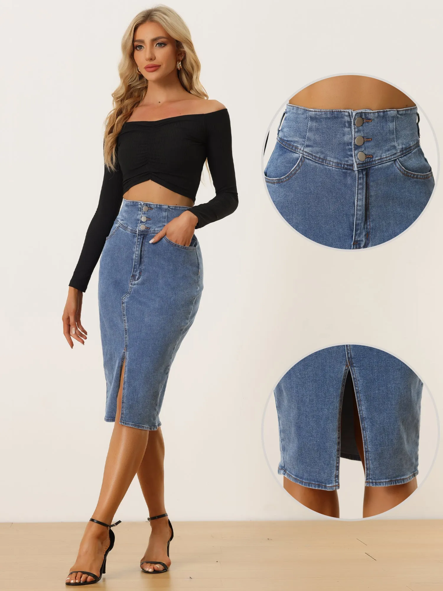 Casual Denim High Waist Split Hem Pencil Jean Midi Skirt