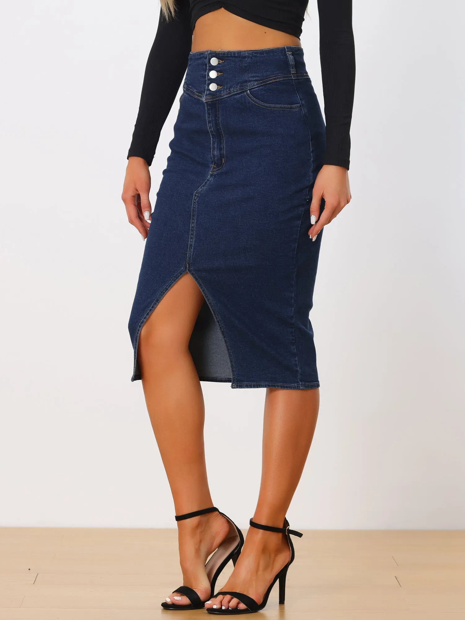 Casual Denim High Waist Split Hem Pencil Jean Midi Skirt