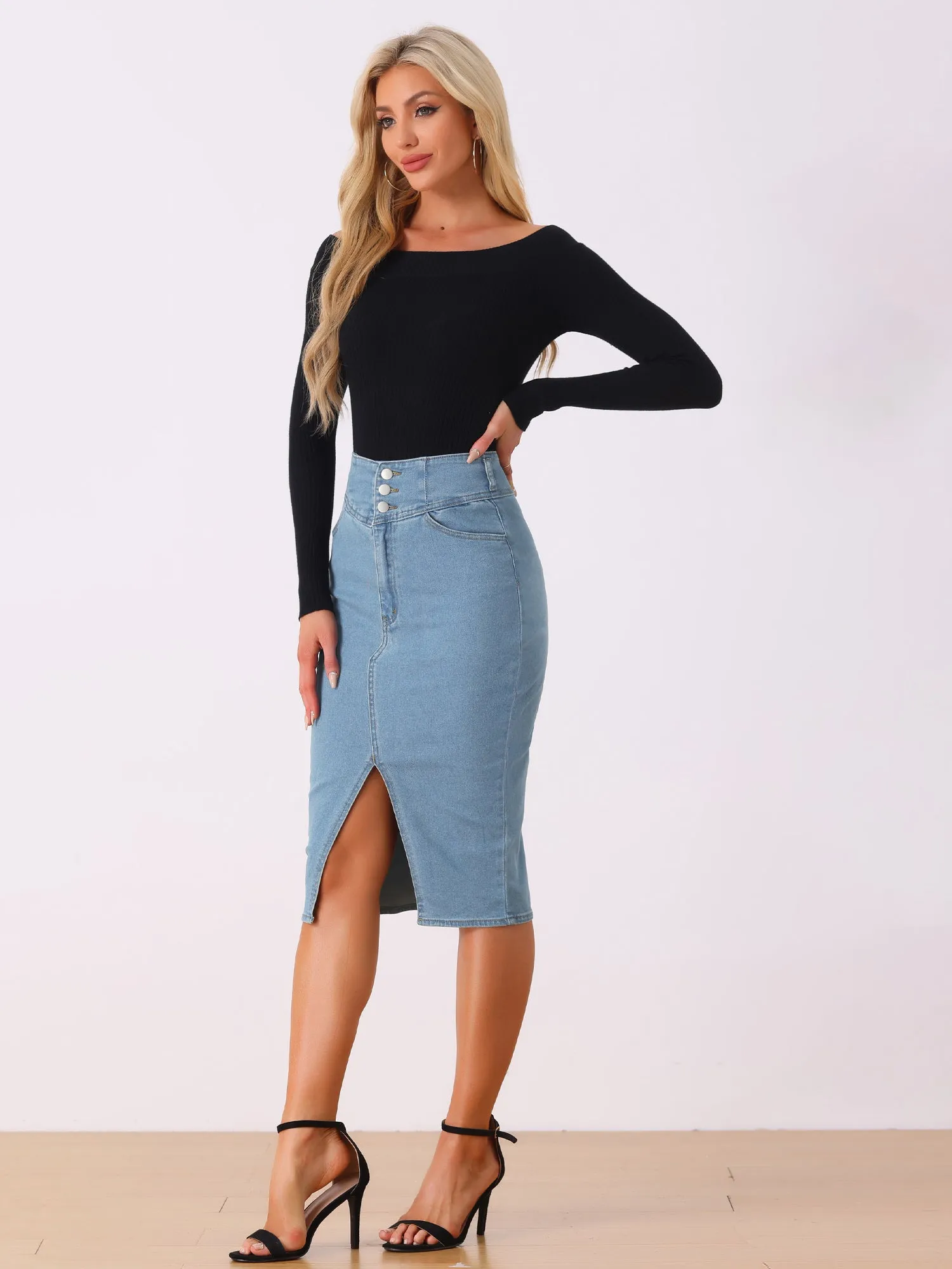 Casual Denim High Waist Split Hem Pencil Jean Midi Skirt