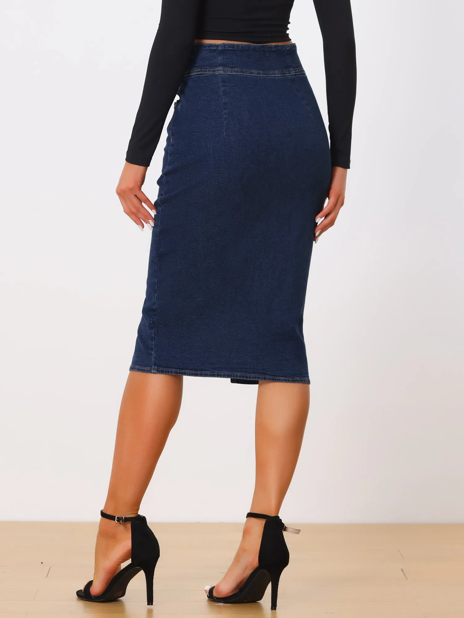Casual Denim High Waist Split Hem Pencil Jean Midi Skirt
