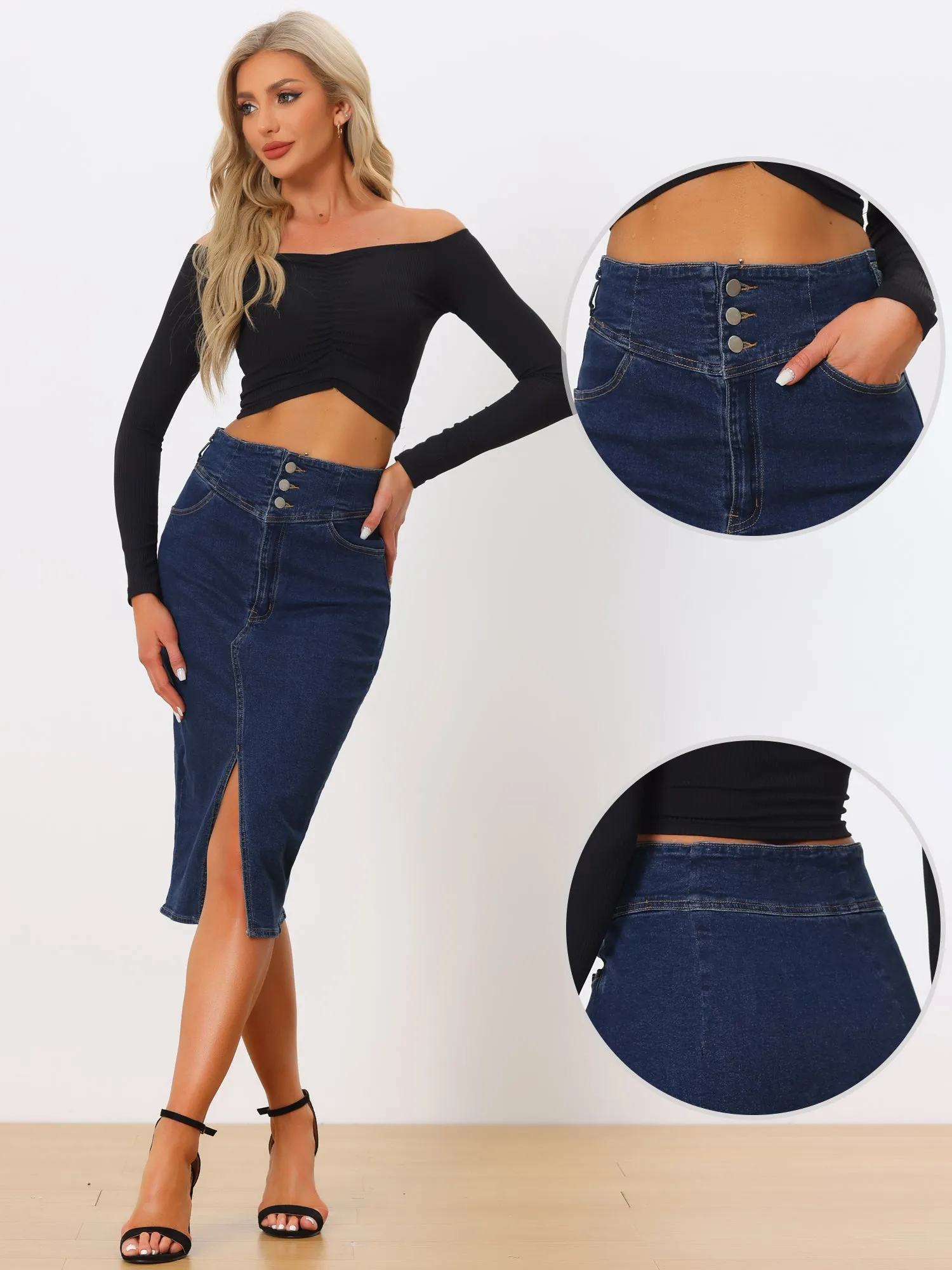 Casual Denim High Waist Split Hem Pencil Jean Midi Skirt