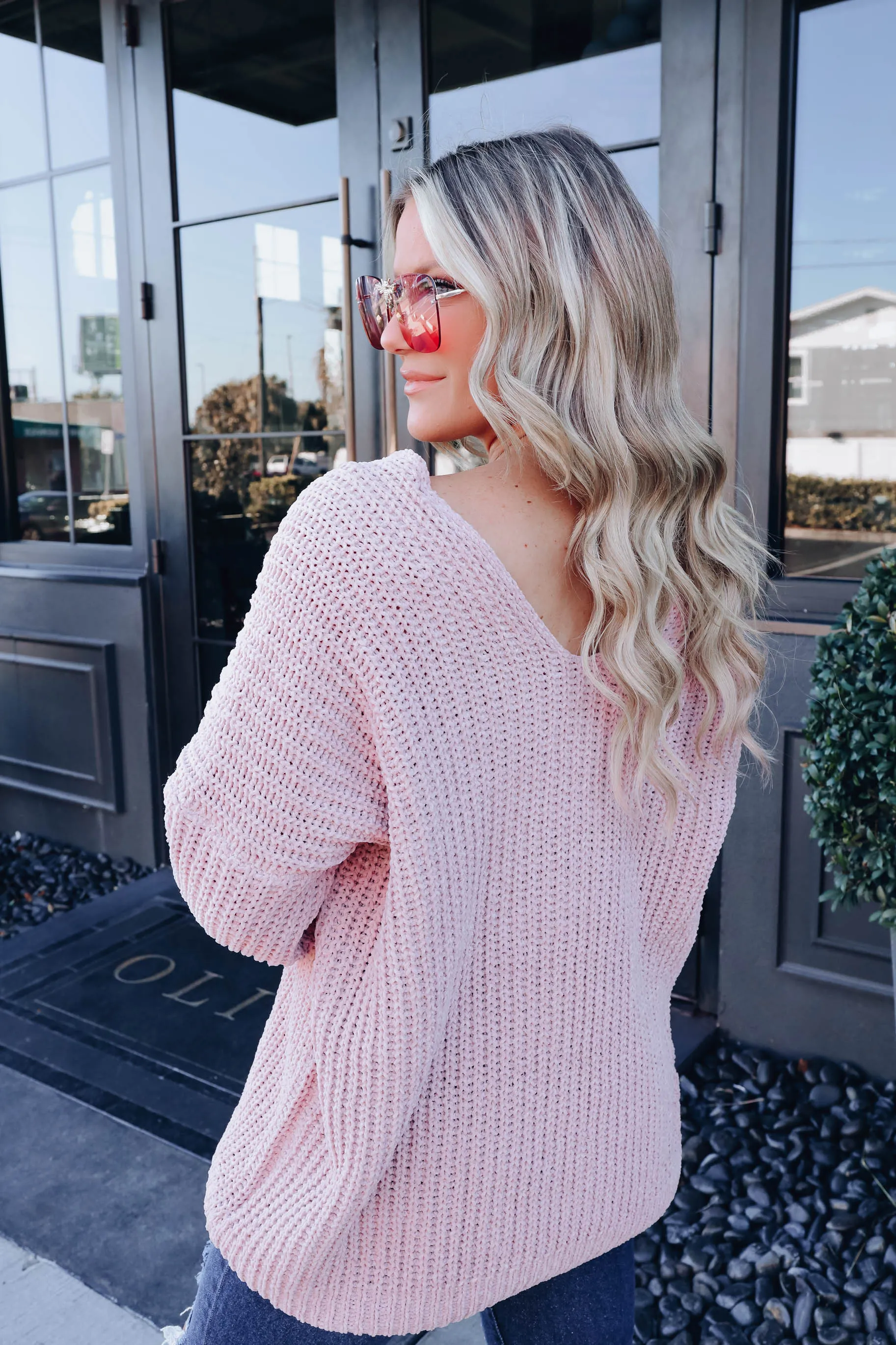 Chenille Cozy V-Neck Sweater - Mauve