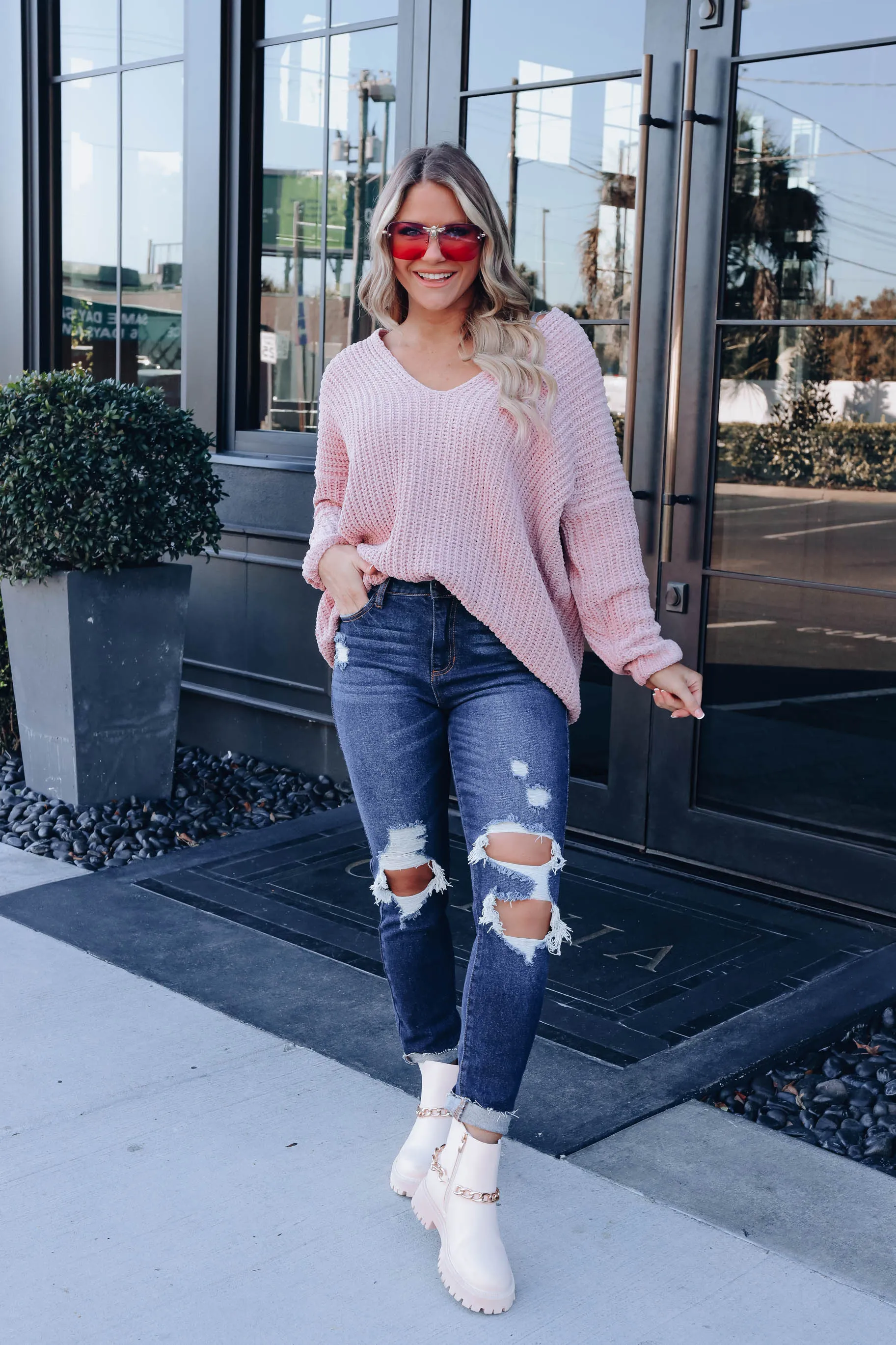 Chenille Cozy V-Neck Sweater - Mauve
