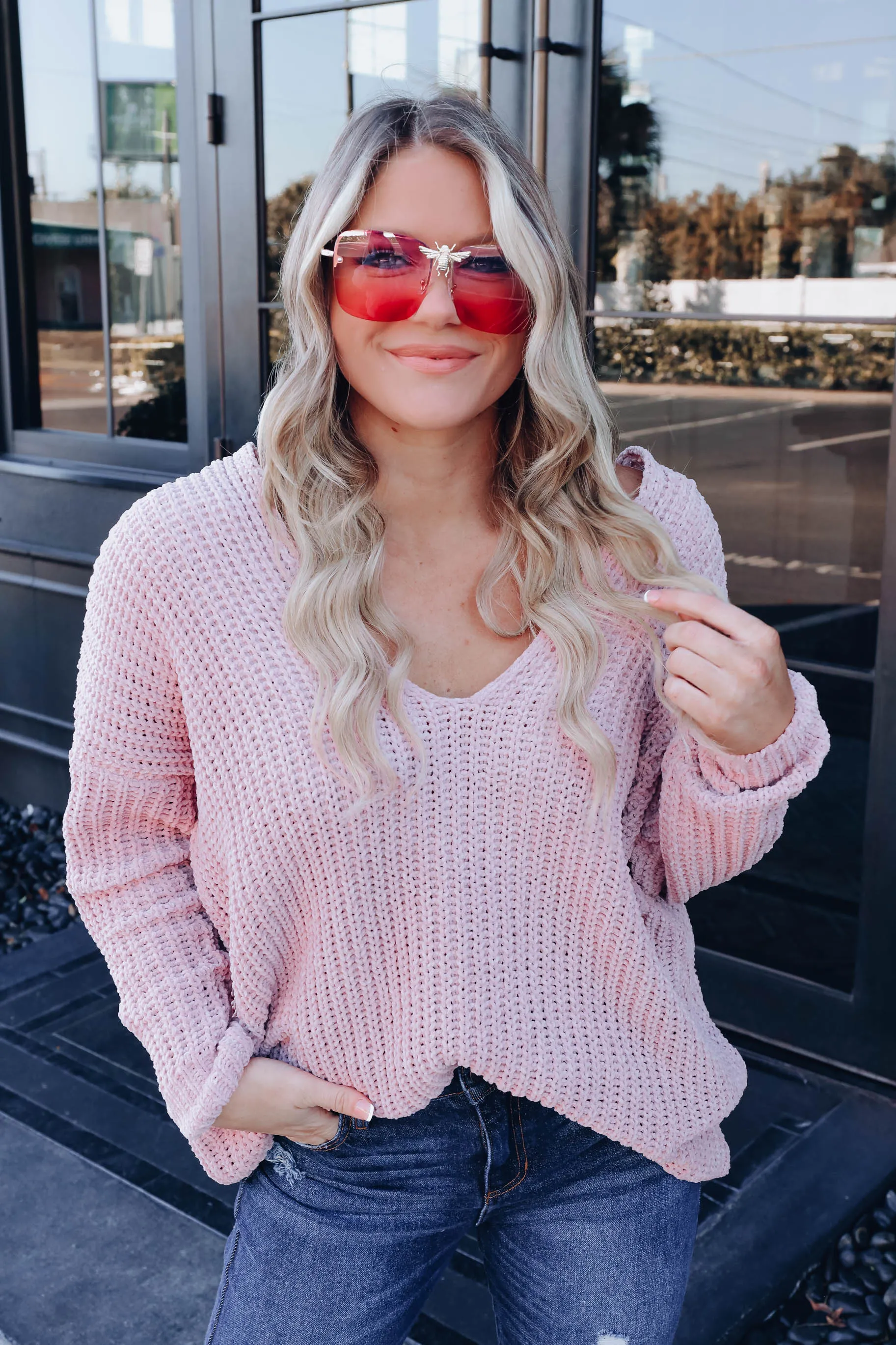 Chenille Cozy V-Neck Sweater - Mauve