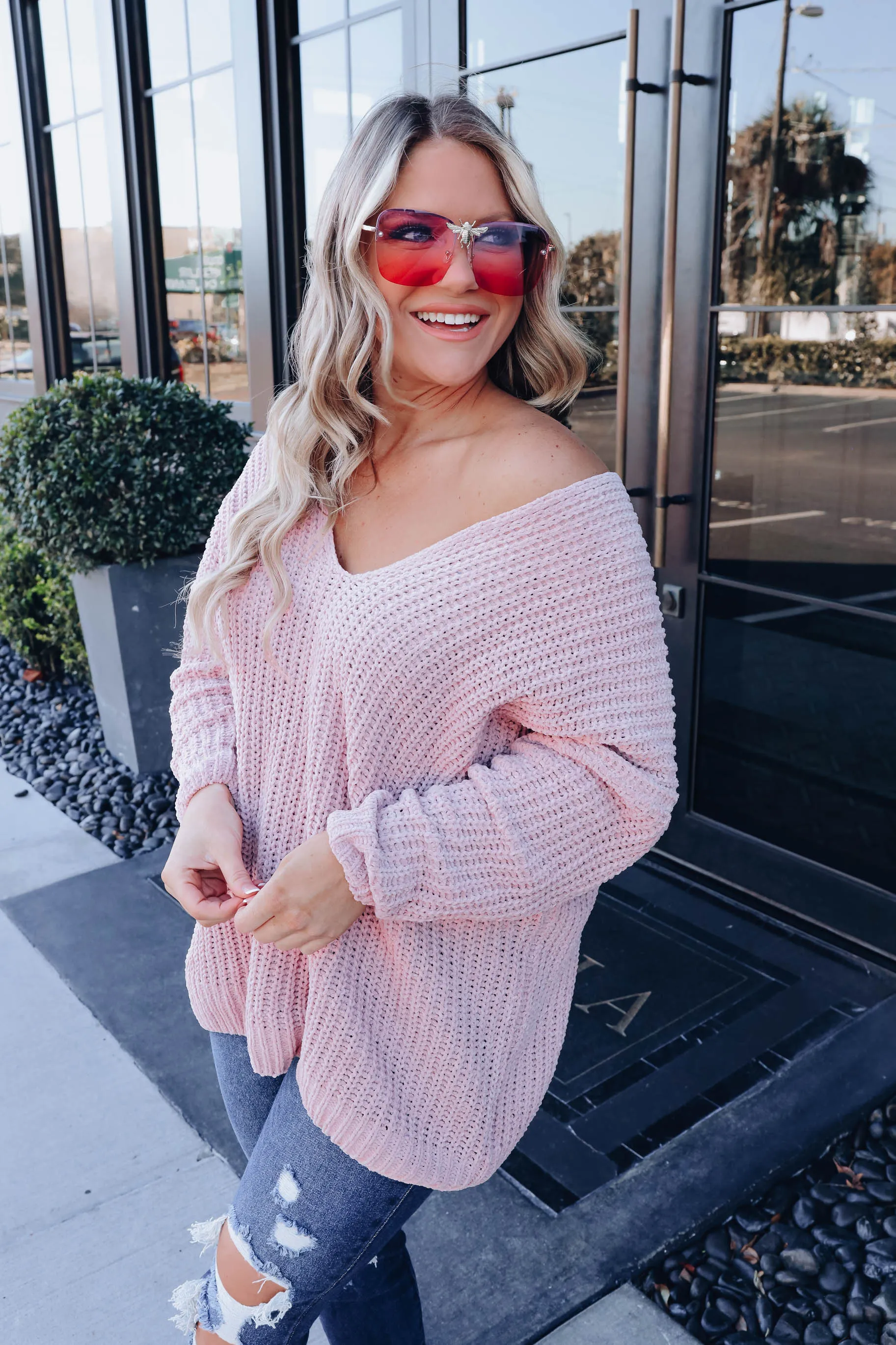 Chenille Cozy V-Neck Sweater - Mauve