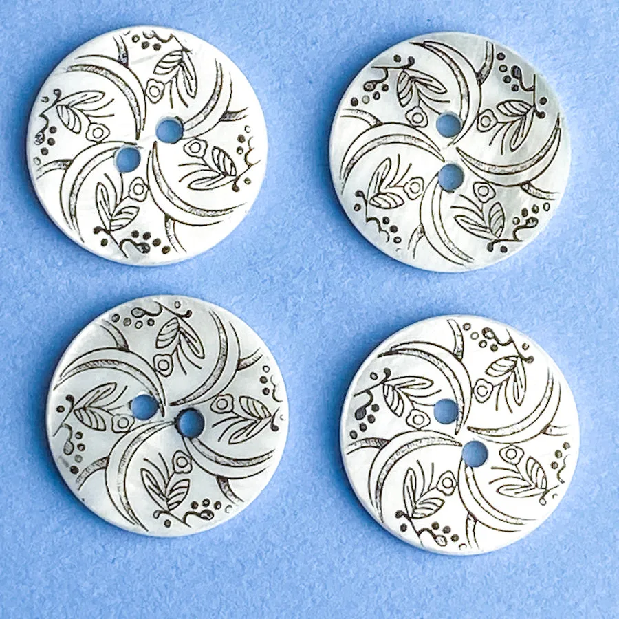 Crescent Moon Flower White Mother of Pearl/Reverse Plain White 2-Hole 20mm Button 3/4"  #SWC-127