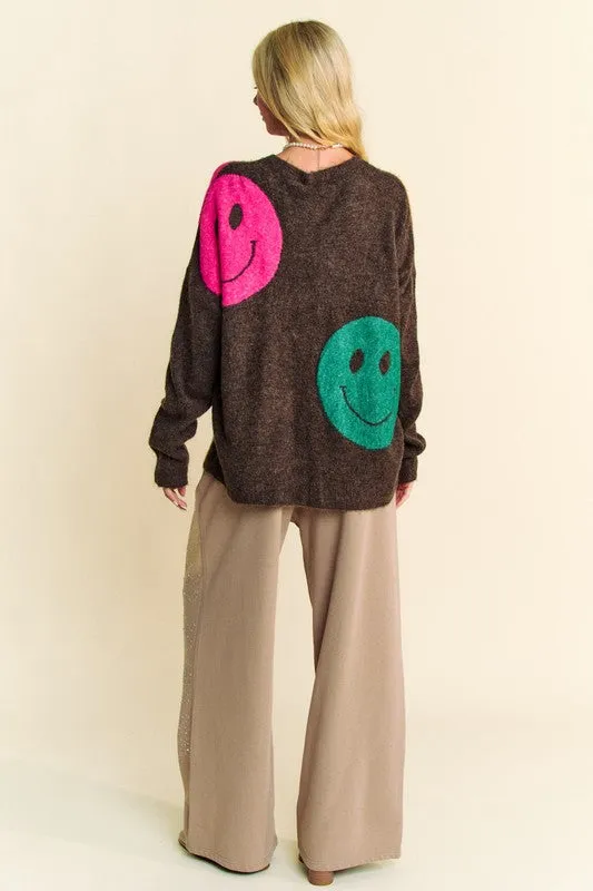 Davi & Dani Dark Brown Sweater Colorful Smile Round Neck Oversize Pullover