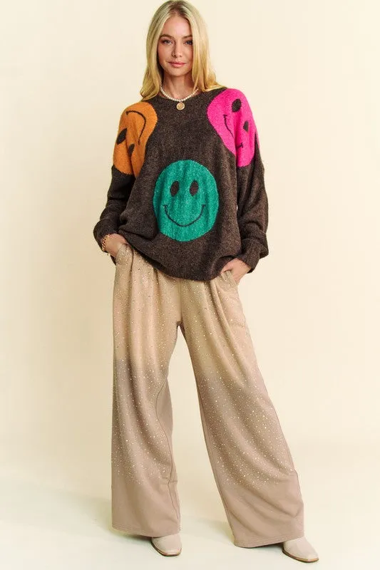 Davi & Dani Dark Brown Sweater Colorful Smile Round Neck Oversize Pullover