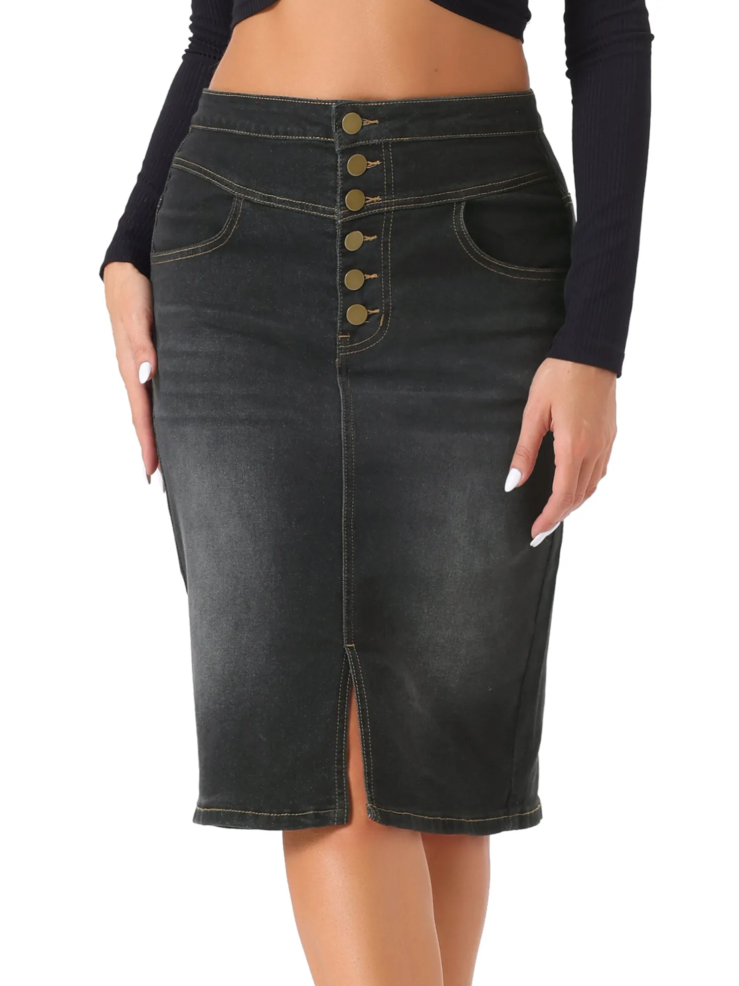 Denim Pencil Button High Waist Split Hem Casual Midi Jean Skirts