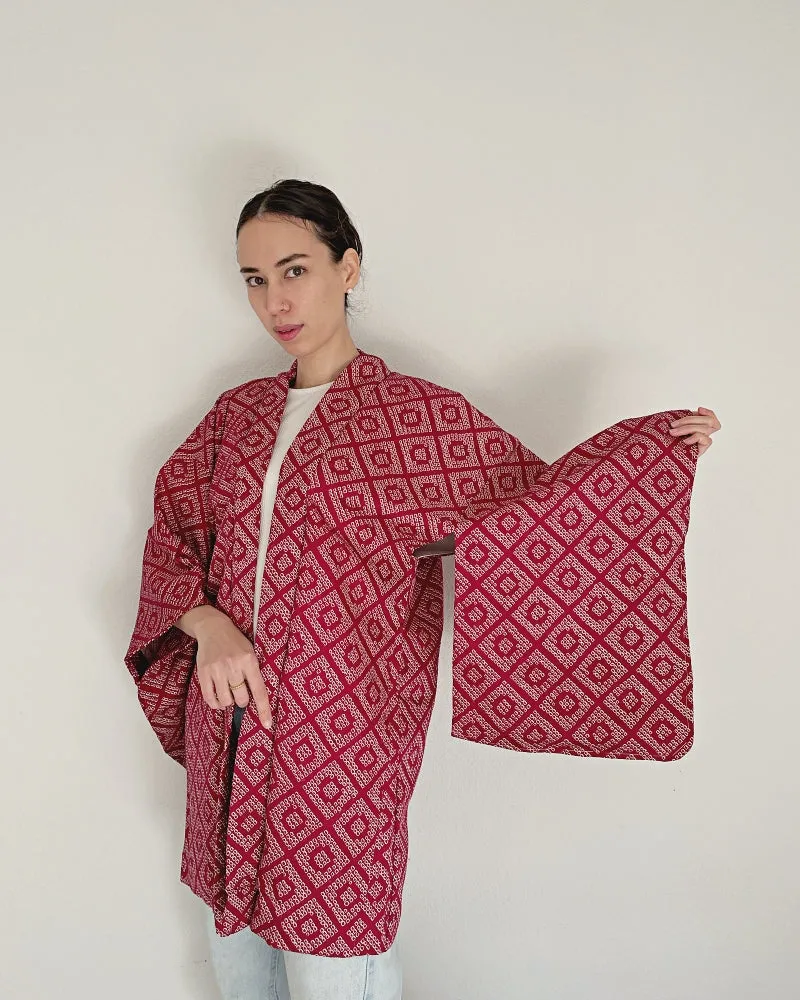 Diamond pattern in maroon red  Haori Kimono Jacket