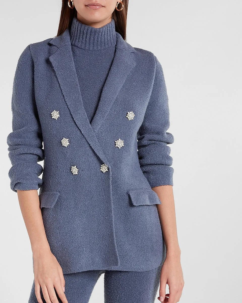 Double Breasted Embellished Button Sweater Blazer in Blue Diamond