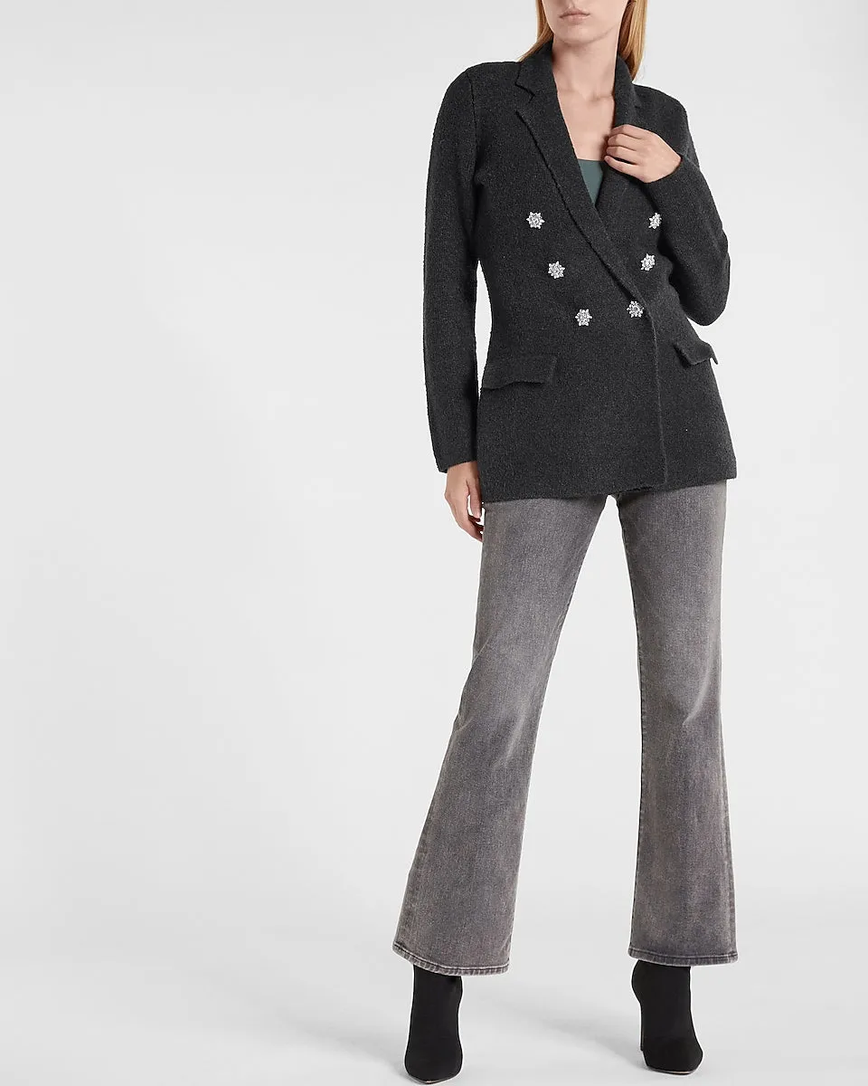 Double Breasted Embellished Button Sweater Blazer in Charcoal Gray