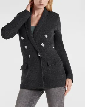 Double Breasted Embellished Button Sweater Blazer in Charcoal Gray