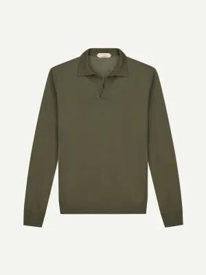 Extrafine Merino Buttonless Polo Olive