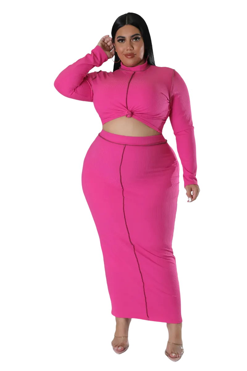 Final Sale Plus Size Ribbed 2pc Outer Sems Crop Front Knot Top and Pencil Skirt Set in Fuchsia