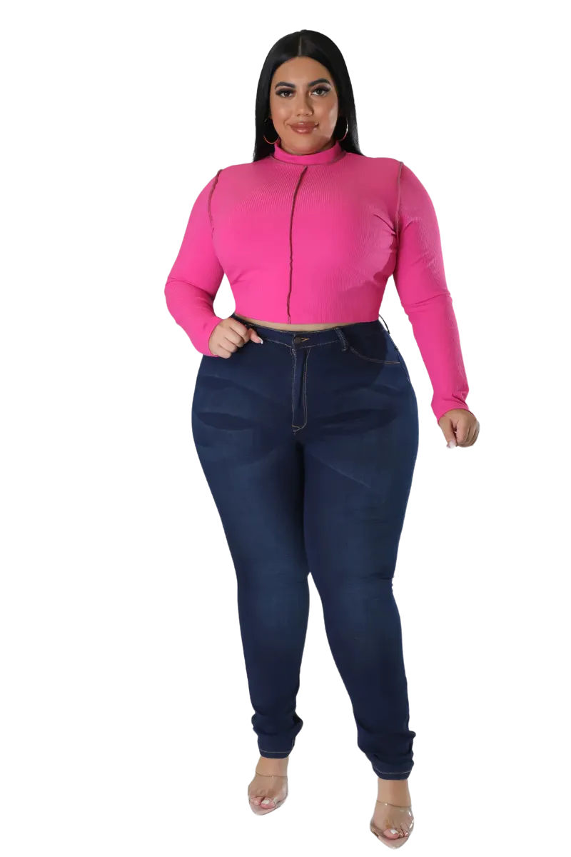 Final Sale Plus Size Ribbed 2pc Outer Sems Crop Front Knot Top and Pencil Skirt Set in Fuchsia