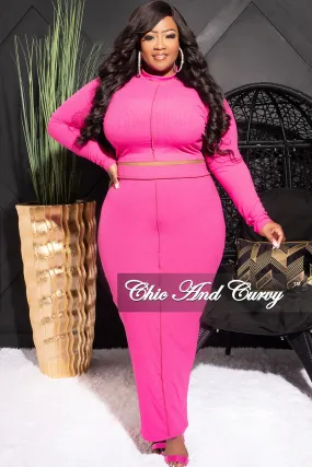 Final Sale Plus Size Ribbed 2pc Outer Sems Crop Front Knot Top and Pencil Skirt Set in Fuchsia